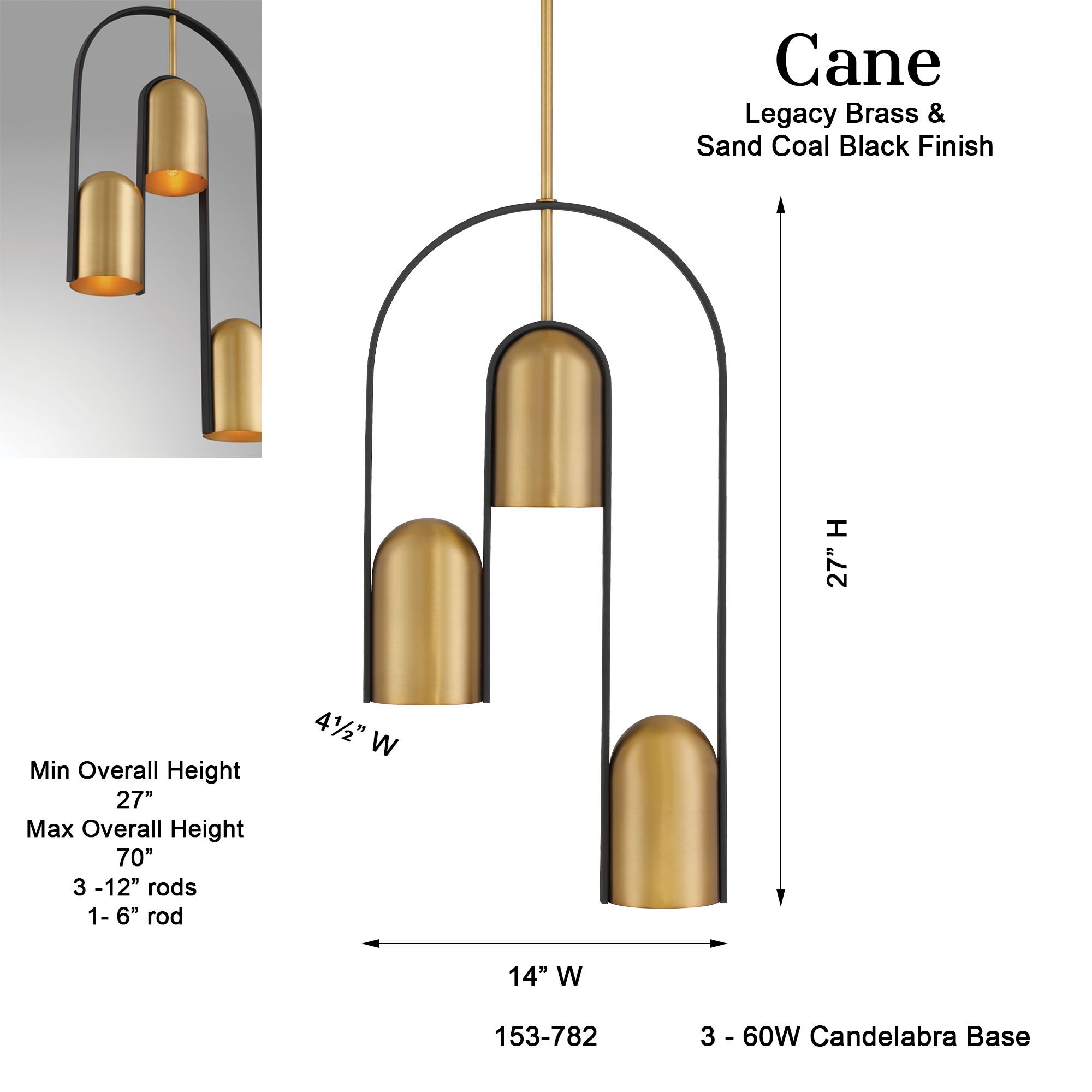 Minka-Lavery Cane 3-Light 4.25-in Brass and Sand Coal Black Indoor Pendant