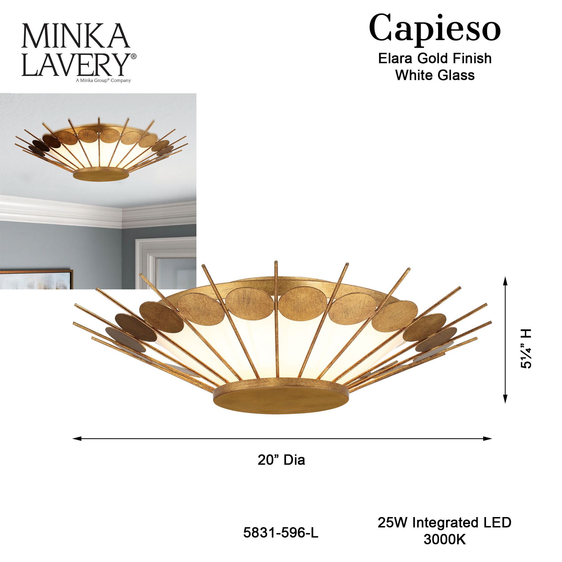 Minka Lavery Capieso 20" Wide Elara Gold Finish LED Ceiling Light