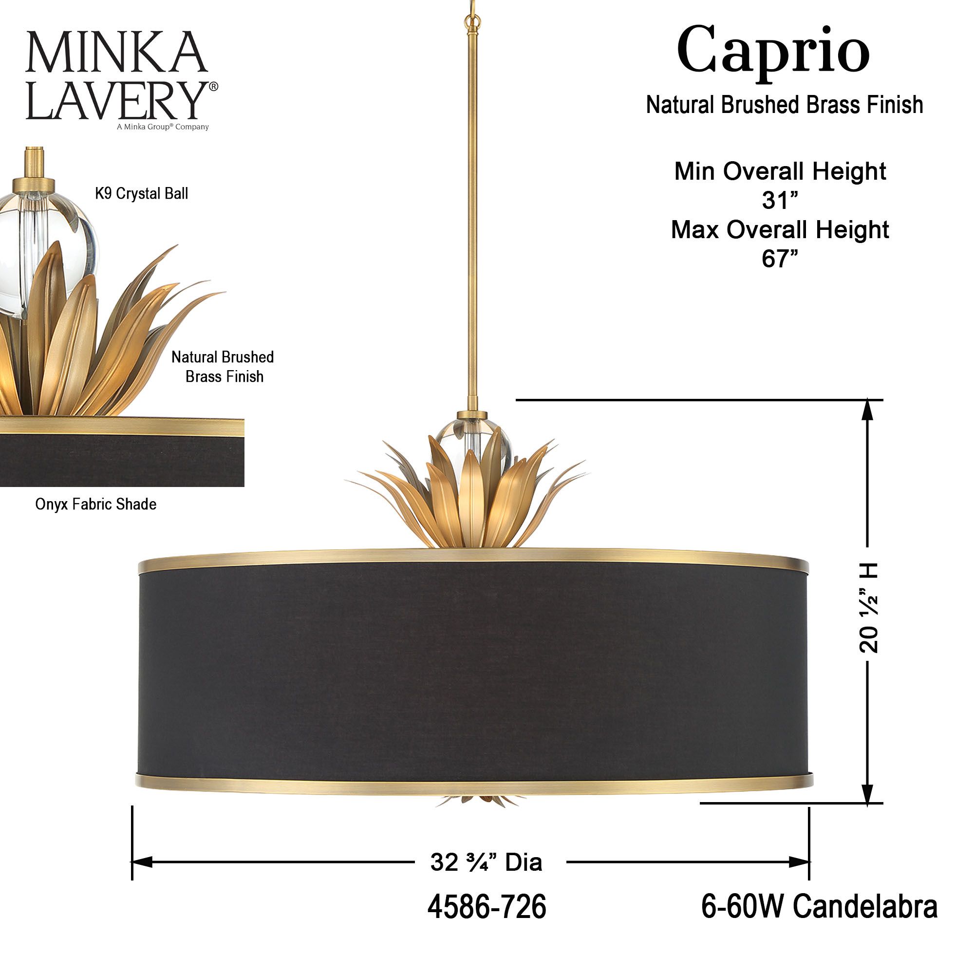 Minka-Lavery Caprio 6-Light Natural Brushed Brass Pendant with Black Shade