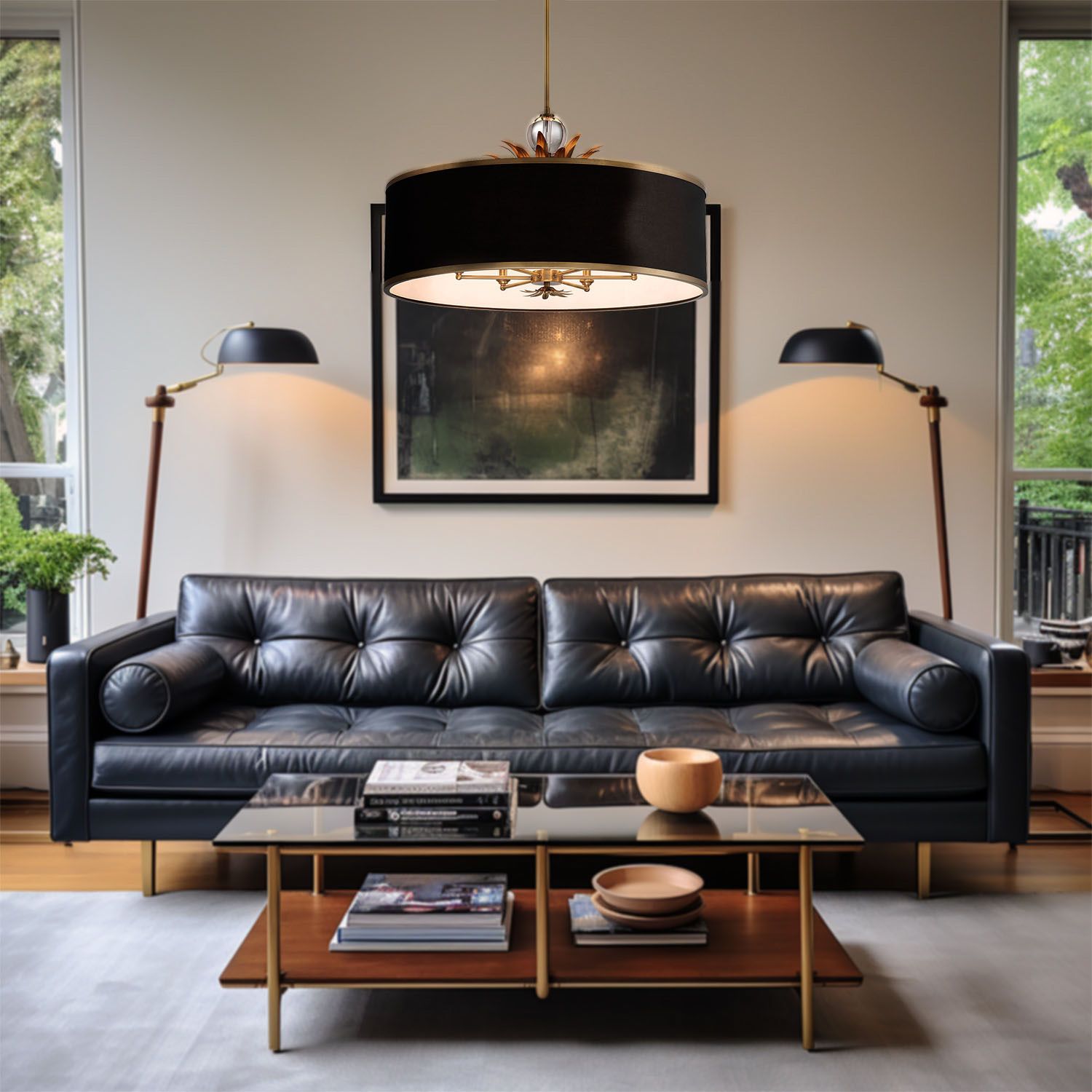 Minka-Lavery Caprio 6-Light Natural Brushed Brass Pendant with Black Shade