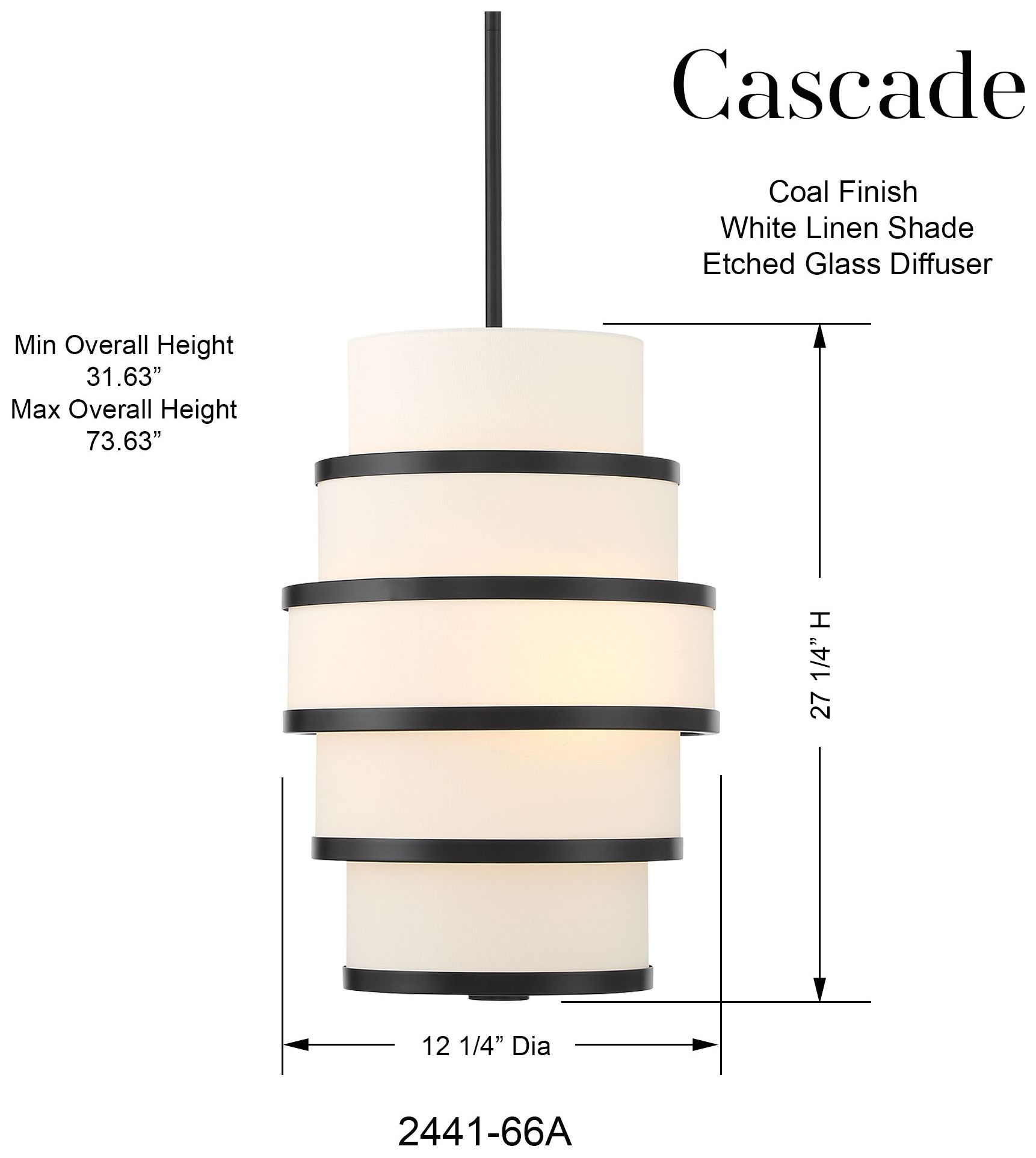 Minka Lavery Cascade 3-Light Coal Black Pendant with White Linen Shade