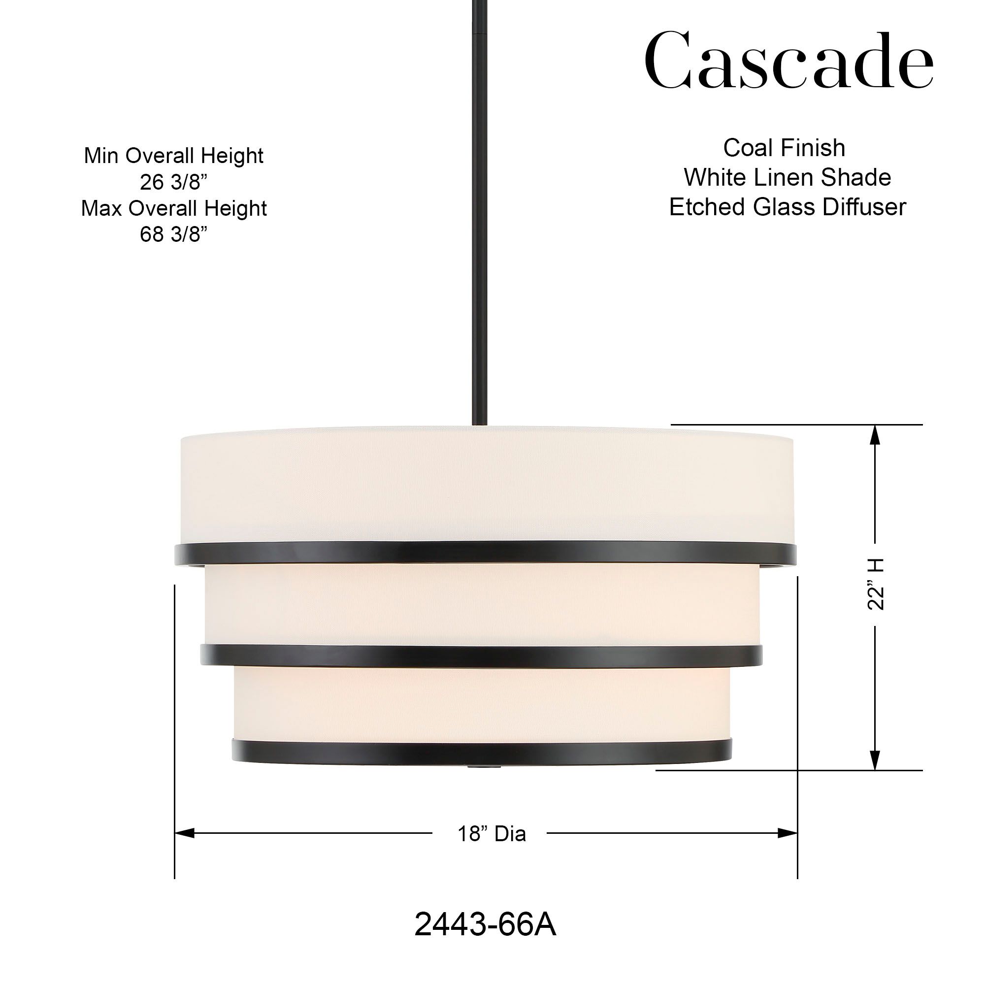 Minka Lavery Cascade 3-Light Coal Black Pendant with White Linen Shade