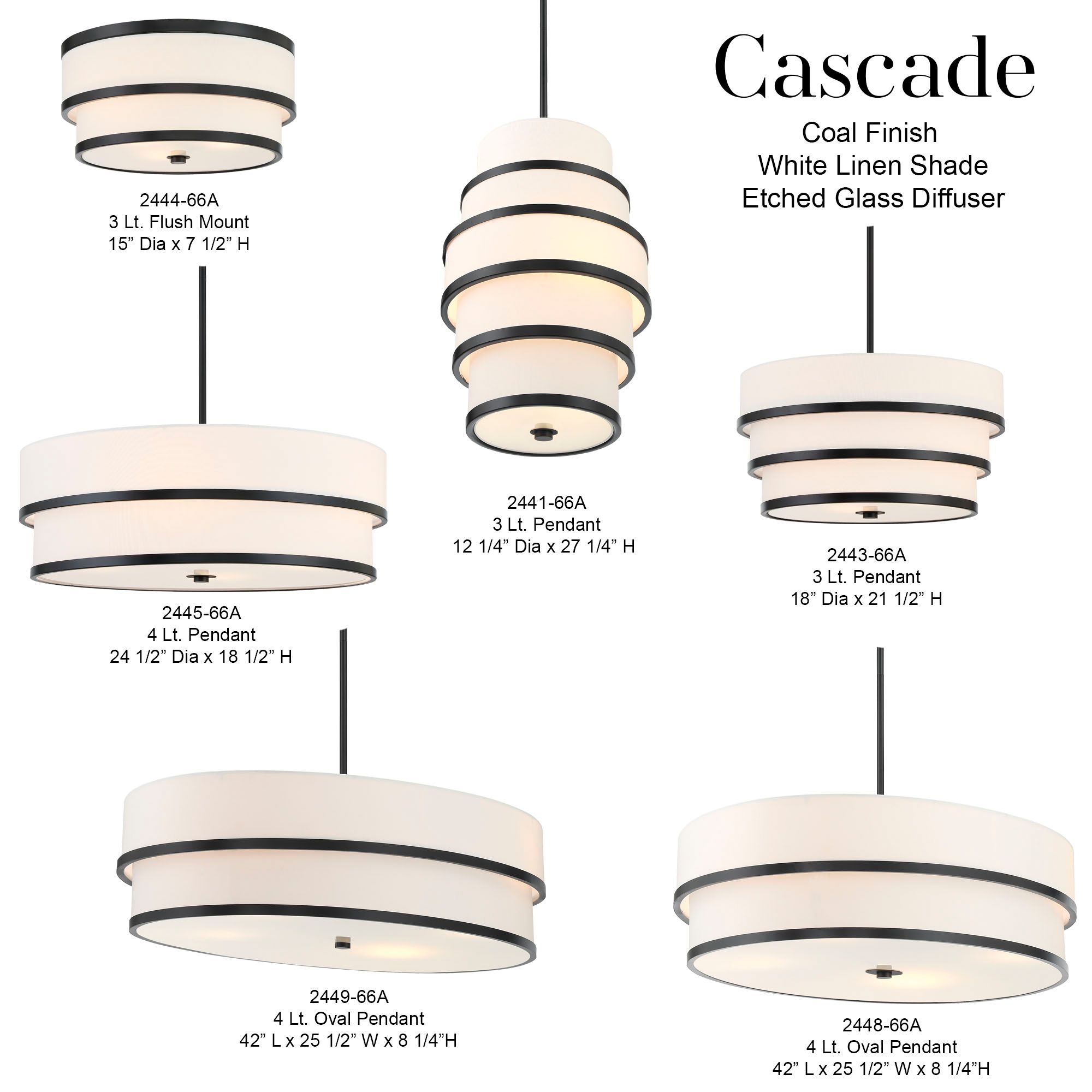 Minka Lavery Cascade 4-Light Coal Black Pendant with White Linen Shade