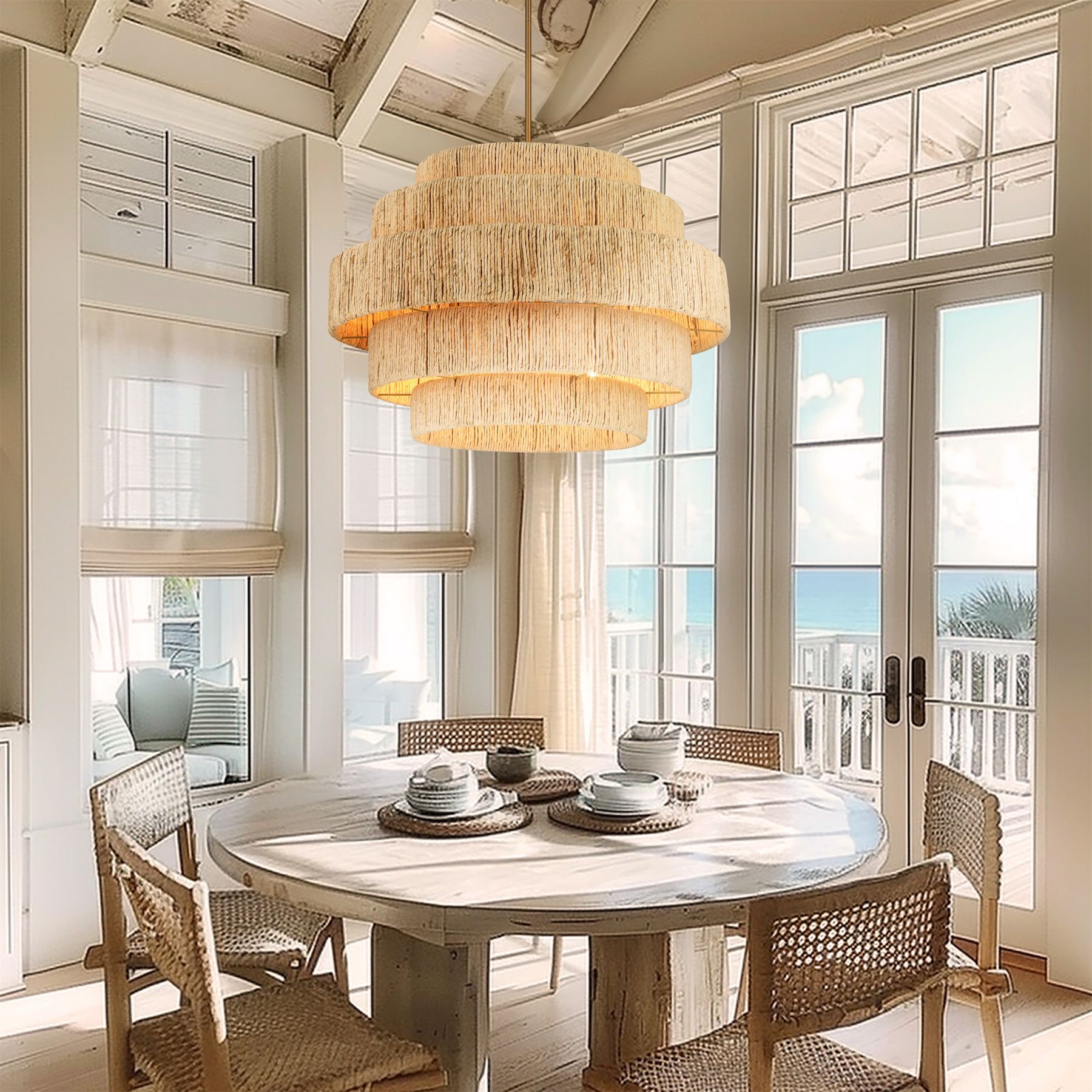 Minka Lavery Caviana 6-Light 31-in Brass Pendant with Natural Abaca Shades