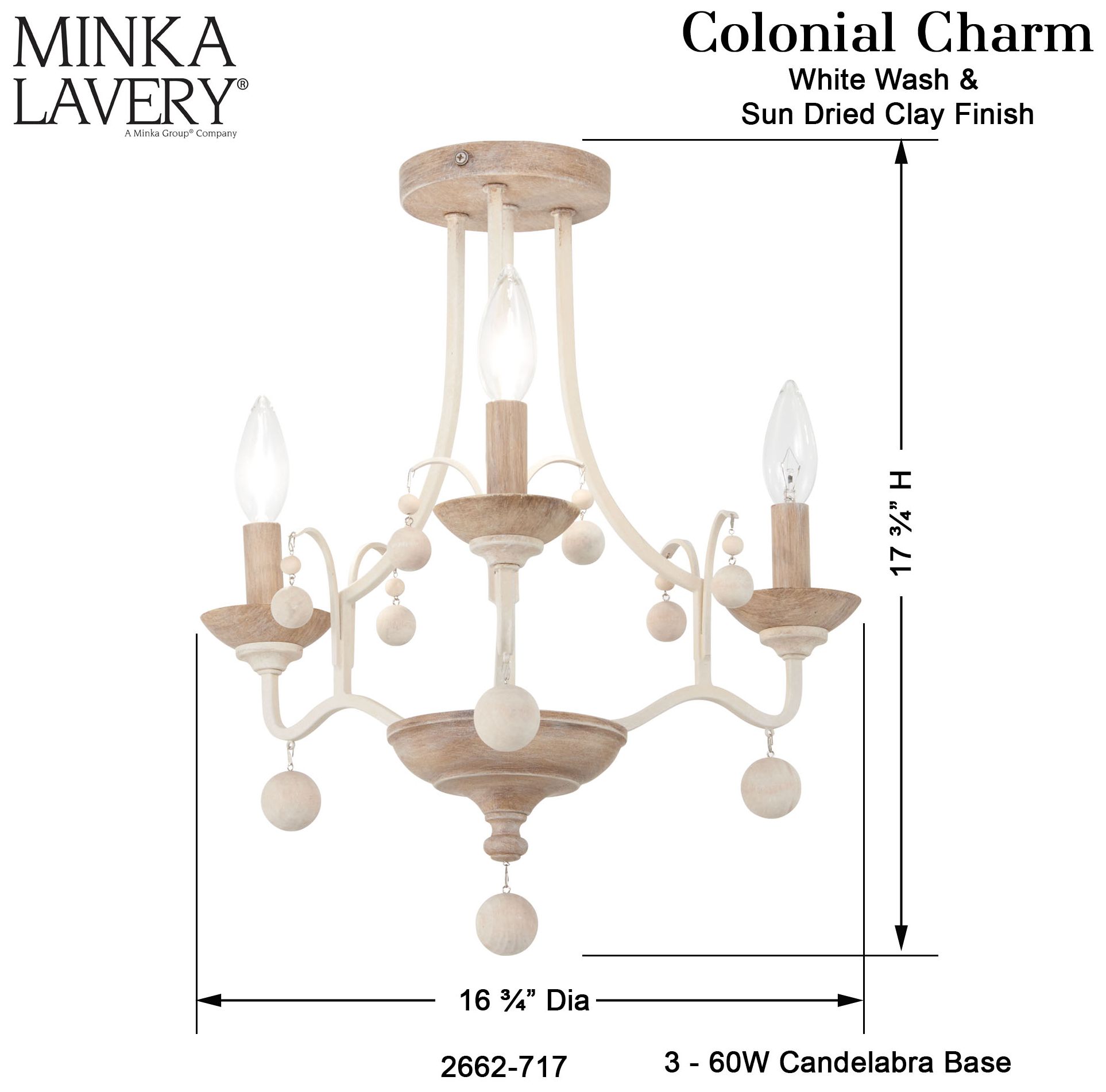 Image 4 Minka-Lavery Colonial Charm 3-Light White Wash and Clay Semi Flush Mount more views