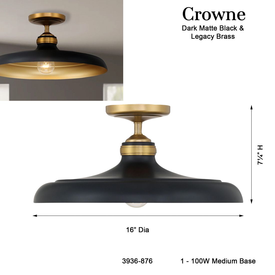 Minka Lavery Crowne 1-Light 16-in Brass and Dark Matte Black Semi-Flush