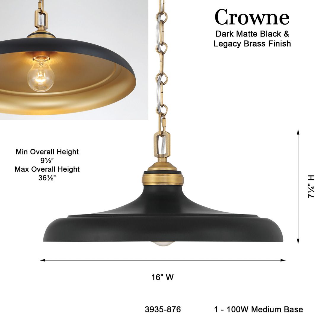 Minka Lavery Crowne 1-Light 16-in Brass and Matte Black Pending Lighting