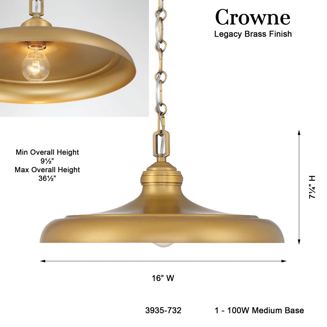 Minka Lavery Crowne 1-Light 16-in Legacy Brass Indoor Pending Lighting
