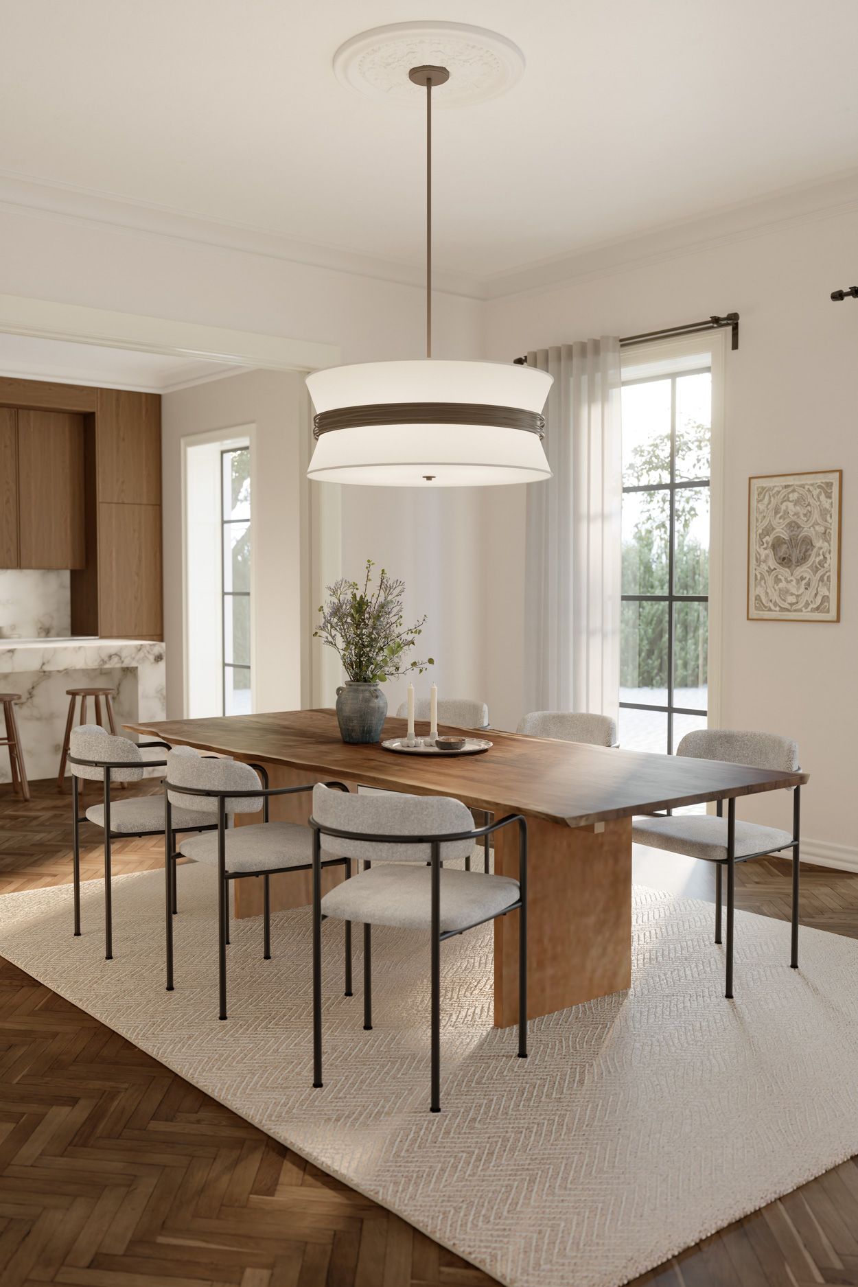 Image 4 Minka Lavery Dalvor 6-Lt 36-in Dark Bronze Pendant with White Linen Shade more views