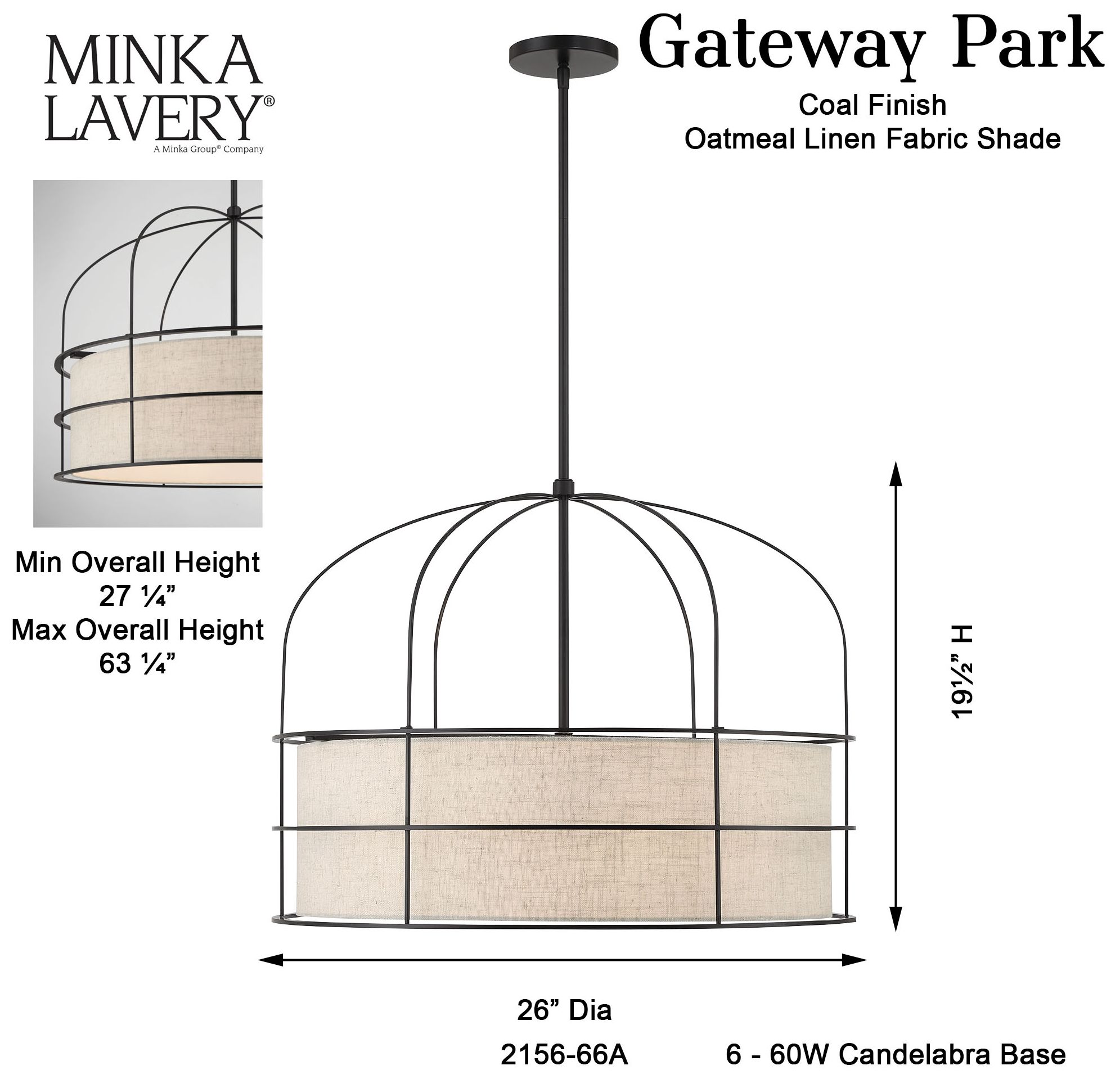 Minka-Lavery Gateway Park 6-Light Coal Pendant with Oatmeal Linen Shade