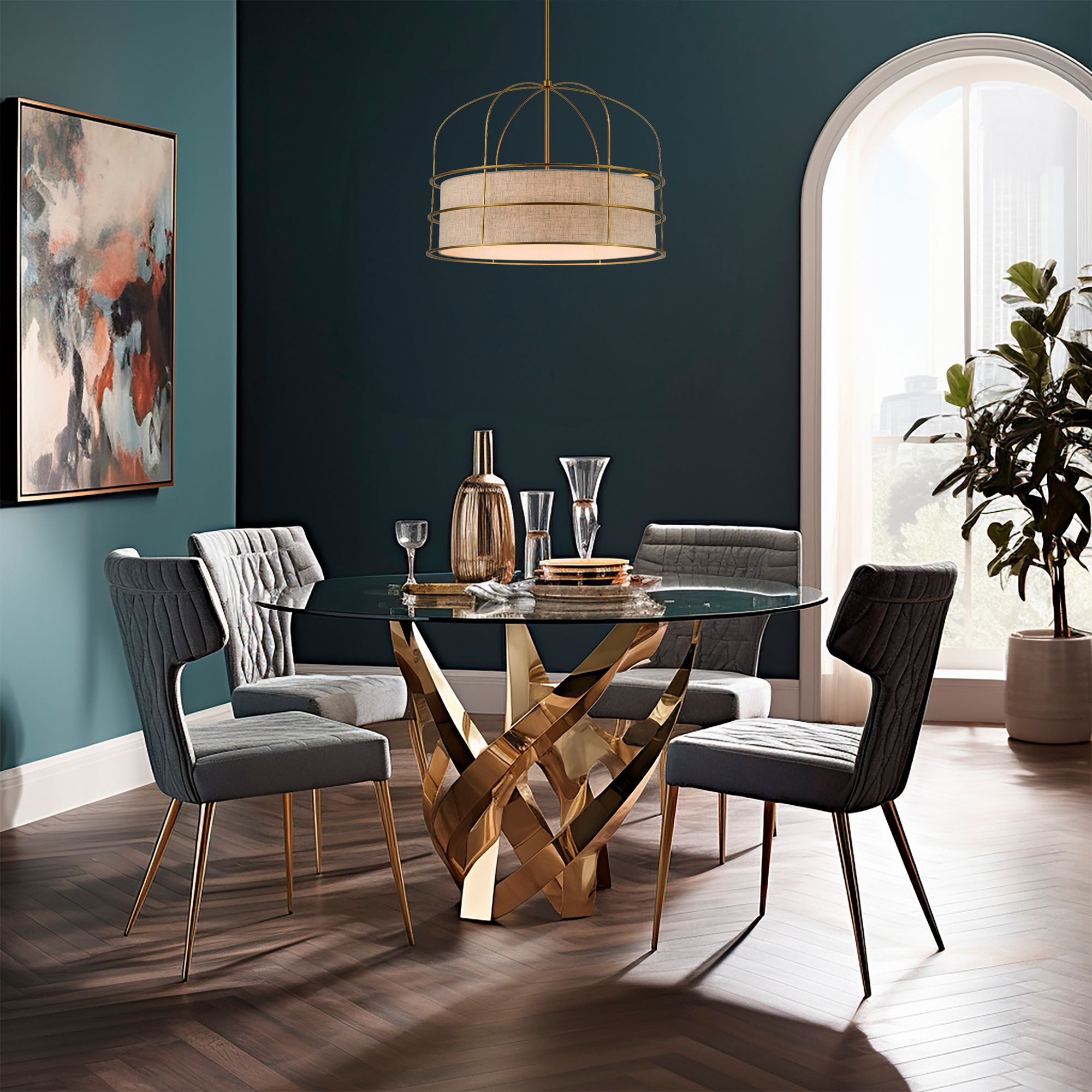 Thumbnail3 of Minka-Lavery Gateway Park 6-Lt Soft Brass Pendant with Oatmeal Linen Shade more views