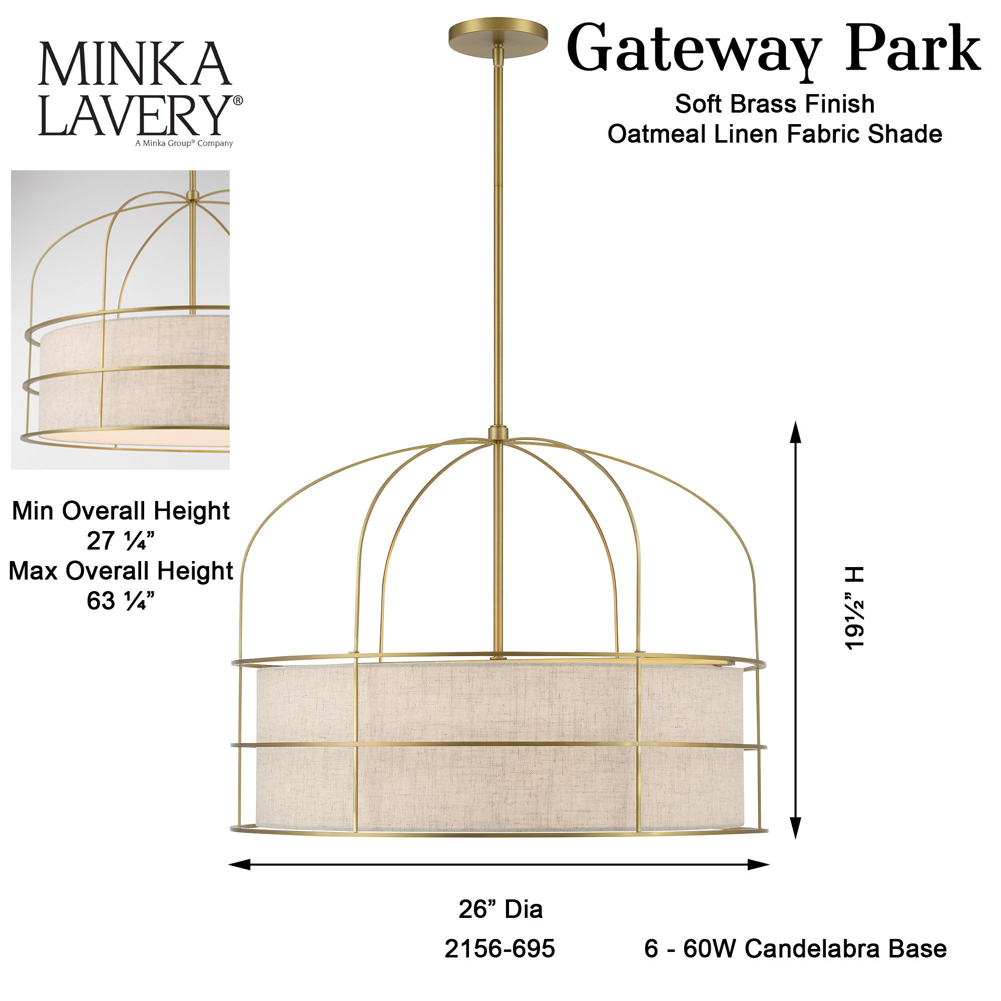 Minka-Lavery Gateway Park 6-Lt Soft Brass Pendant with Oatmeal Linen Shade