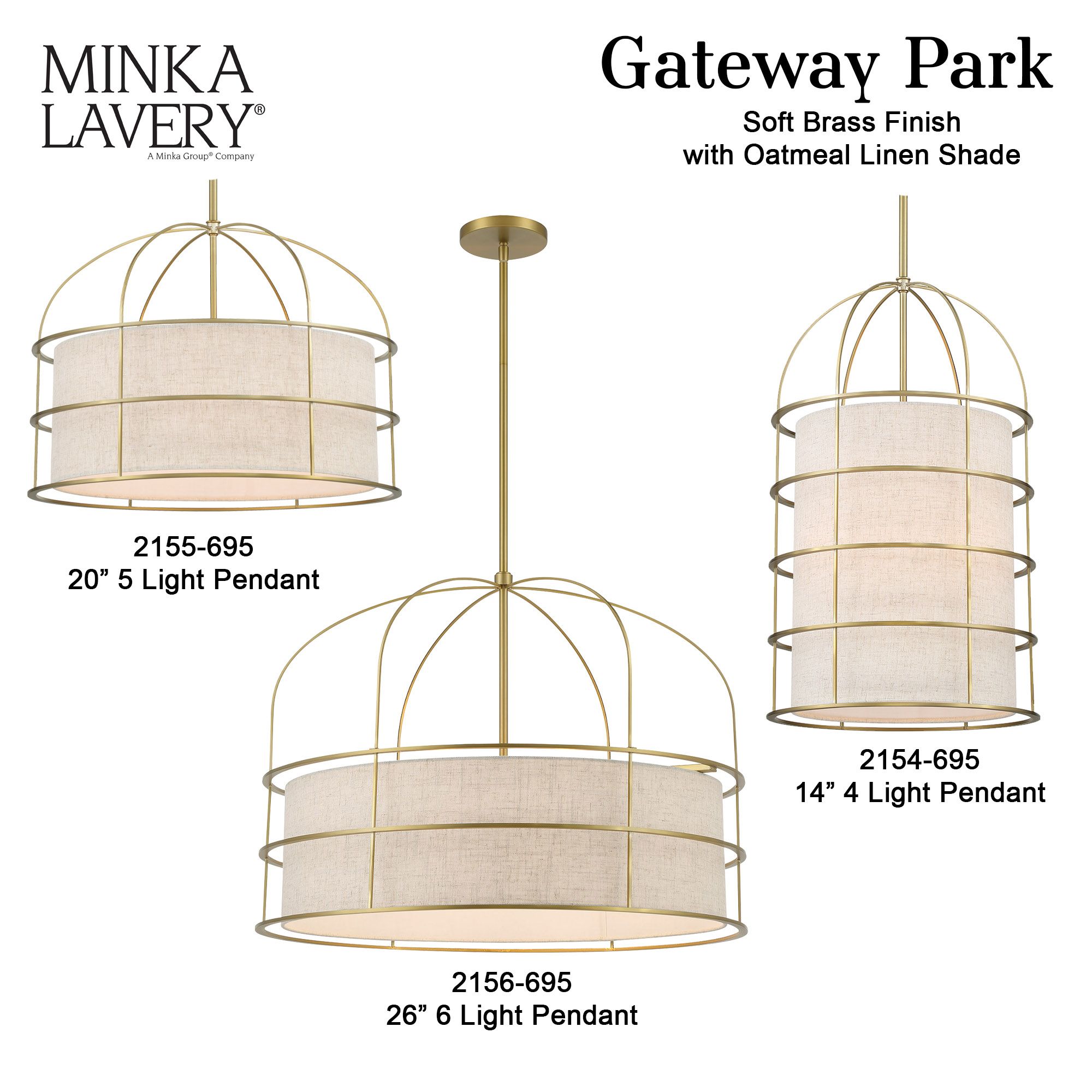 Minka-Lavery Gateway Park 6-Lt Soft Brass Pendant with Oatmeal Linen Shade