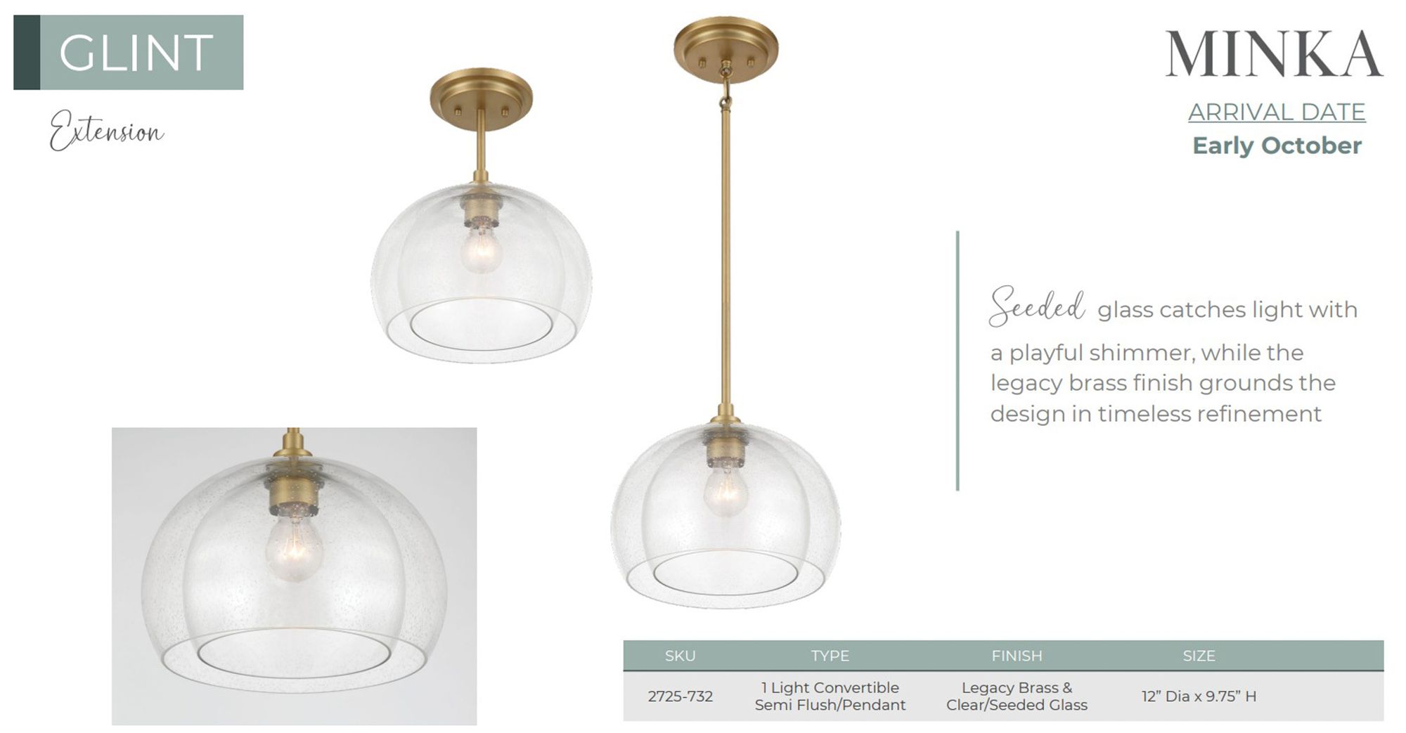 Minka-Lavery Glint 1-Light 12-in Brass Semi Flush to Pendant with Shade