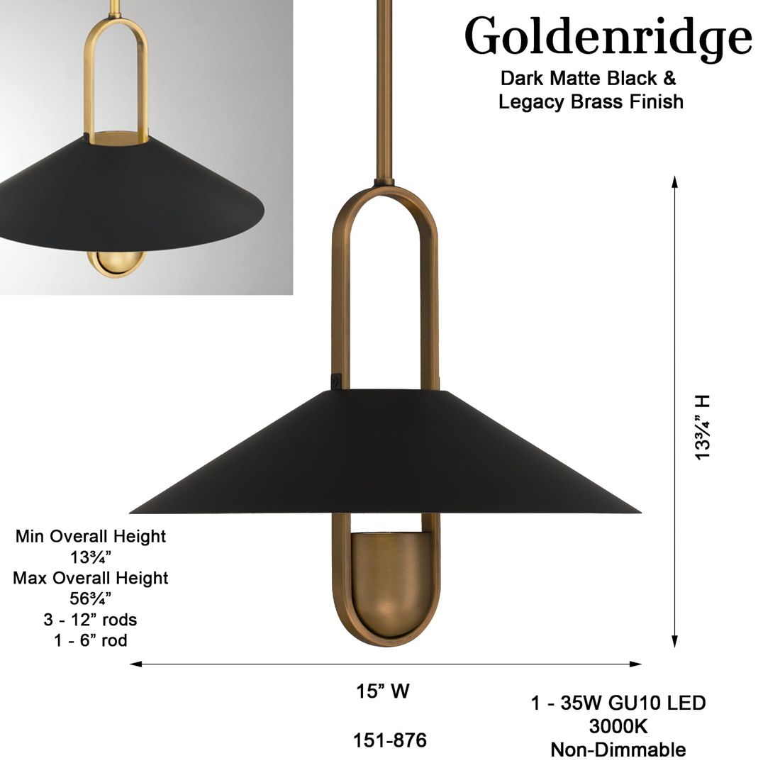 Minka-Lavery Goldenridge 1-Light 15-in Matte Black and Brass Indoor Pendant