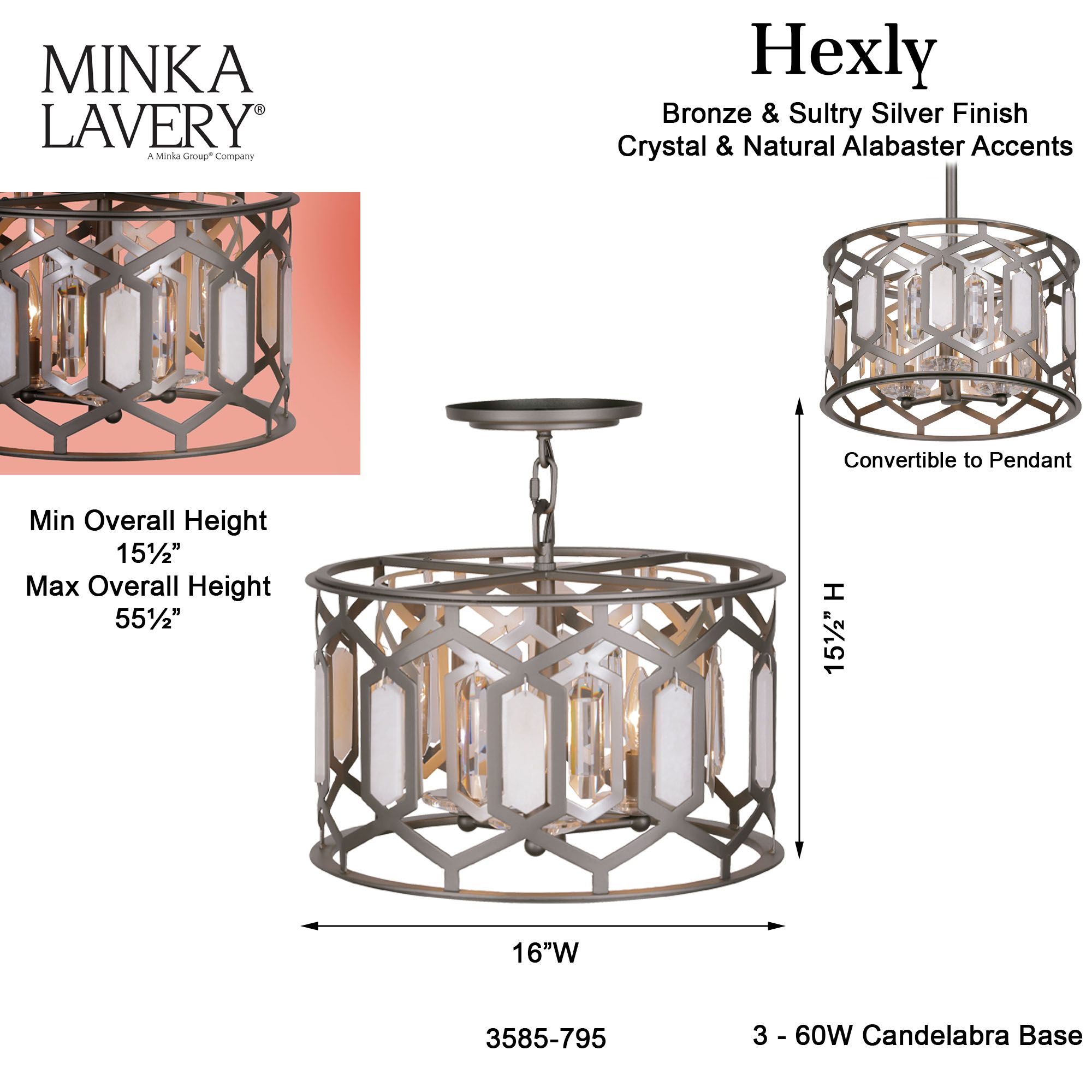 Image 6 Minka-Lavery Hexly 3-Light Bronze and Sultry Silver Semi-Flush to Pendant more views
