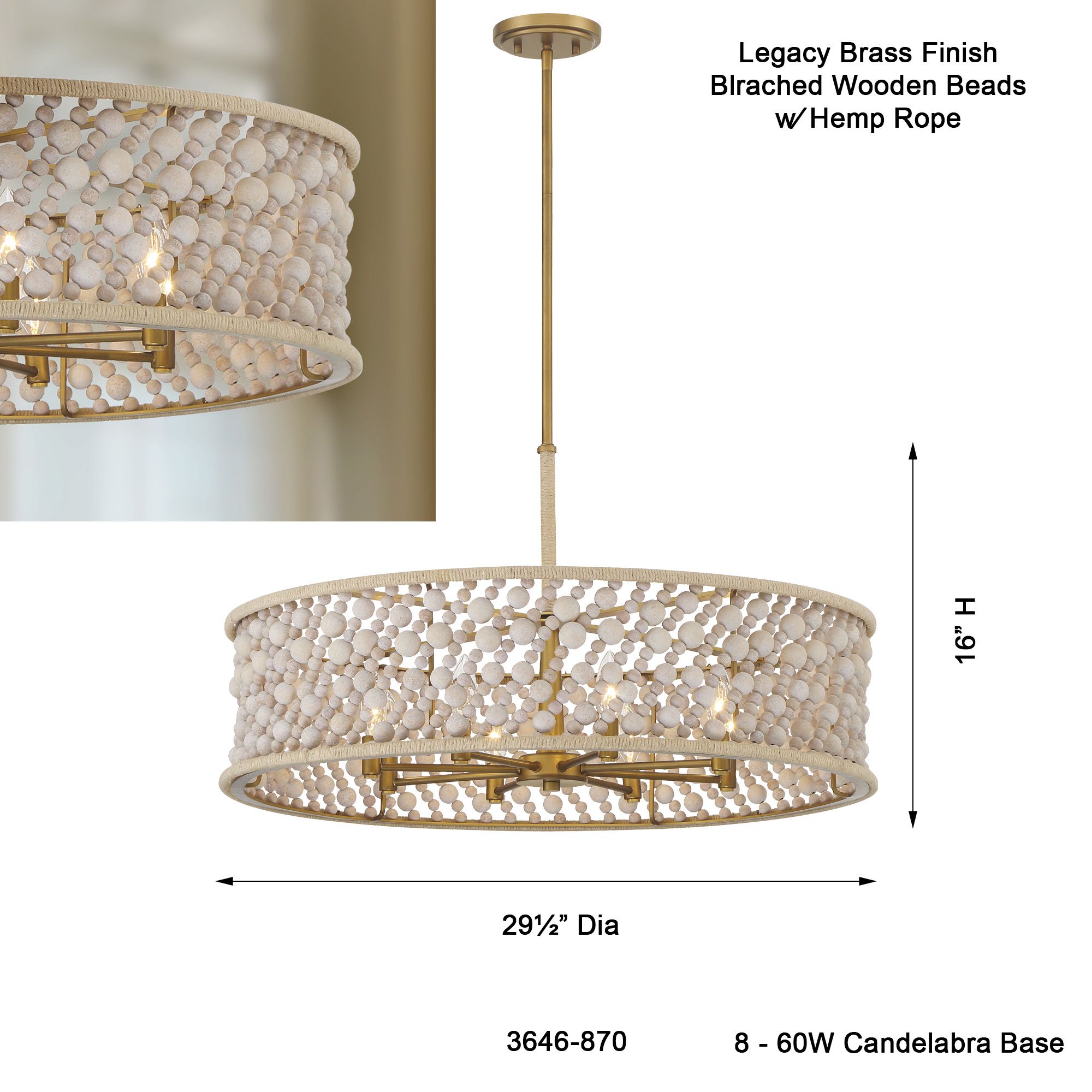 Minka-Lavery Horsmore 8-Light 29.5-in Brass Pendant with Wooden Beads Shade