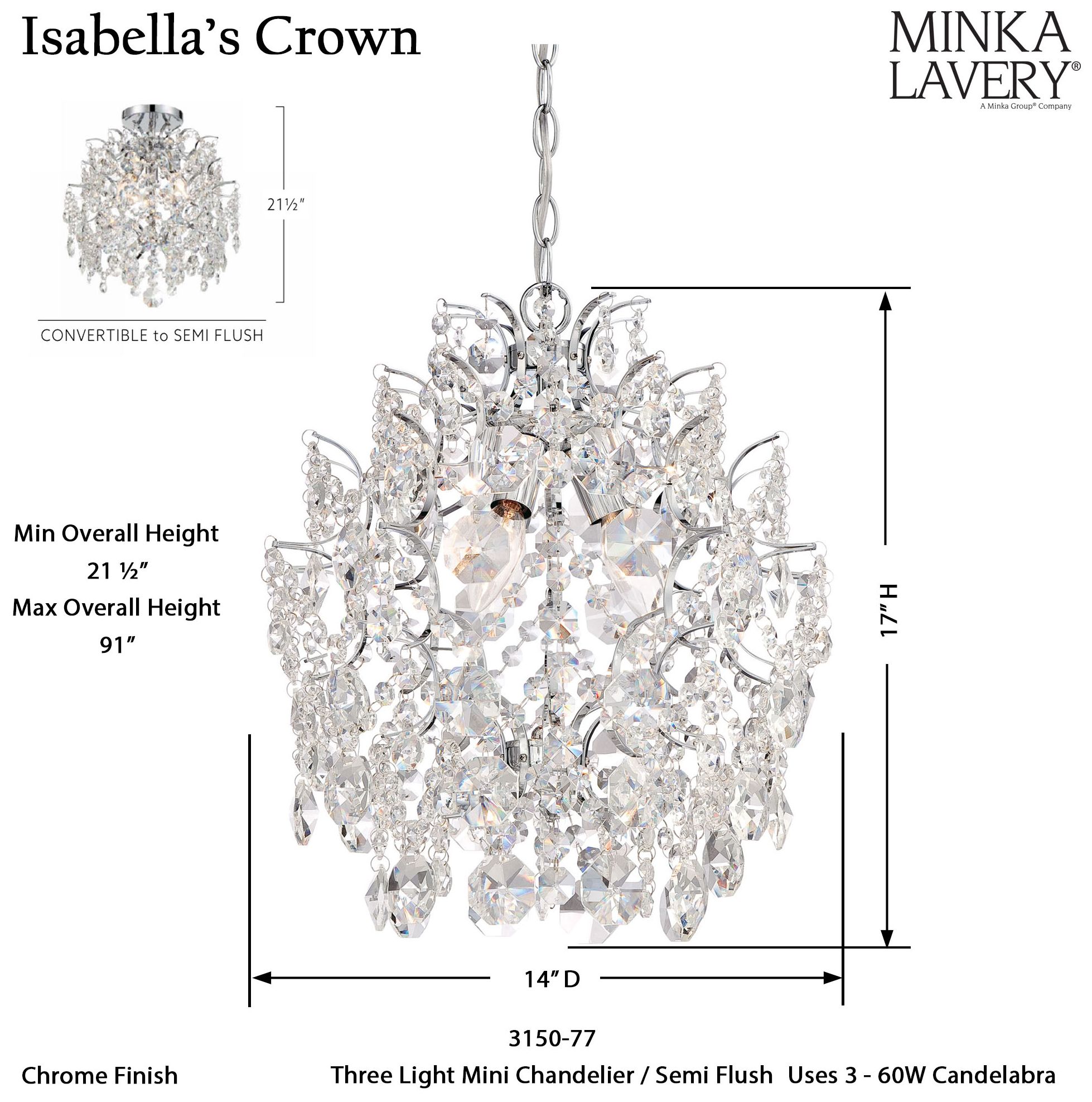 Minka-Lavery Isabella's Crown 14" 3-Light Crystal Mini Chandelier