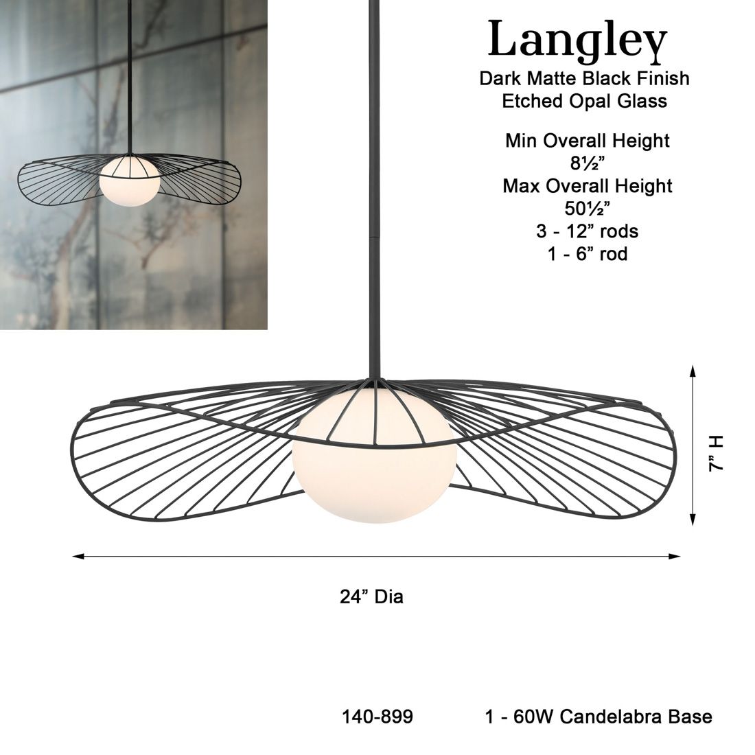 Minka Lavery Langley 1-Light 24-in Dark Matte Black Indoor Pending Lighting