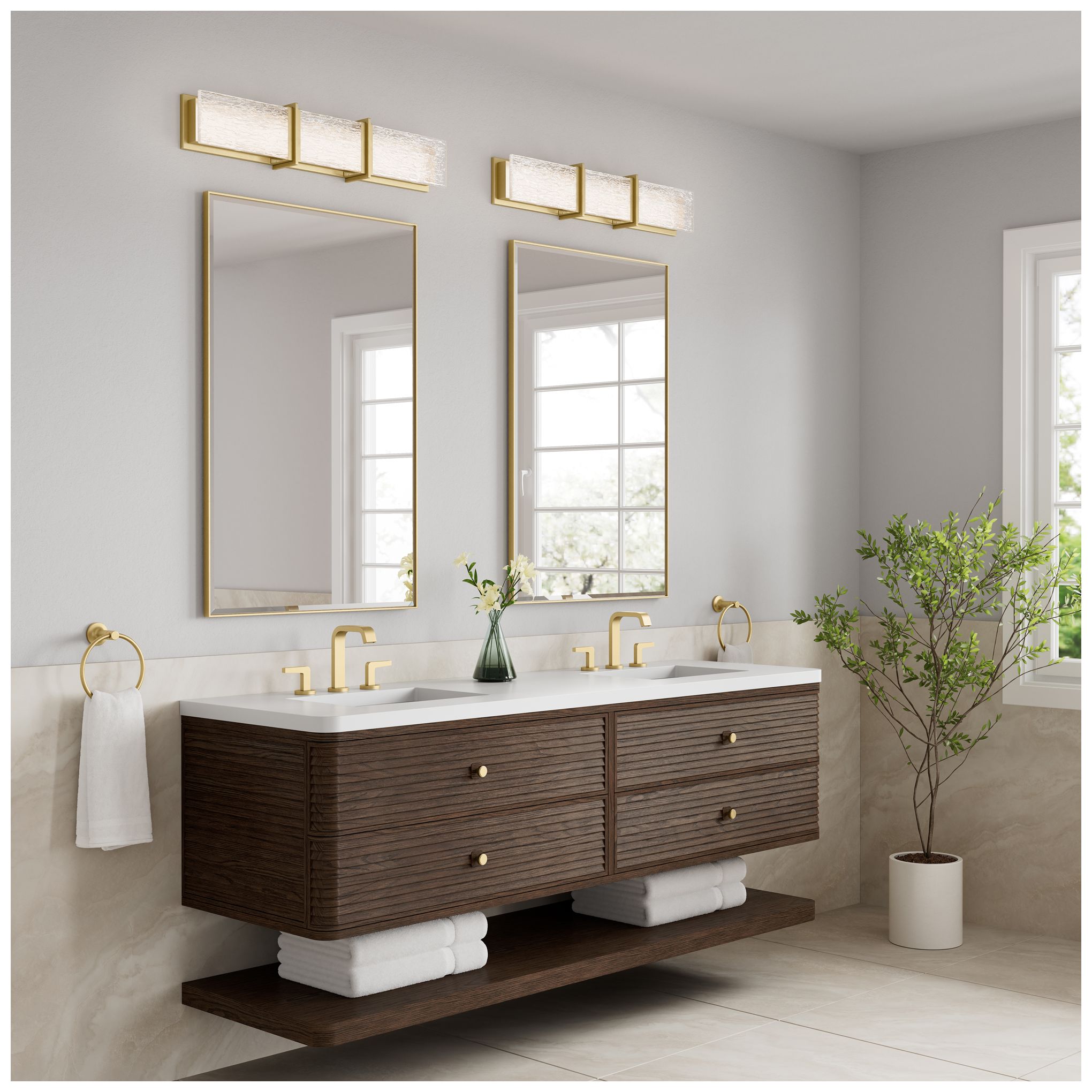 Thumbnail4 of Minka Lavery Lumina LED 30.5-in Legacy Brass Vanity Light with Glass Shade more views