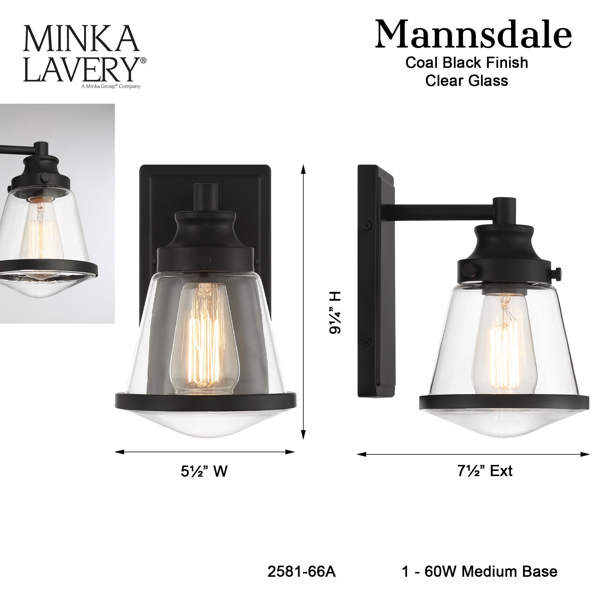 Image 6 Minka-Lavery Mannsdale 1-Light Black Vanity Light with Clear Glass Shade more views