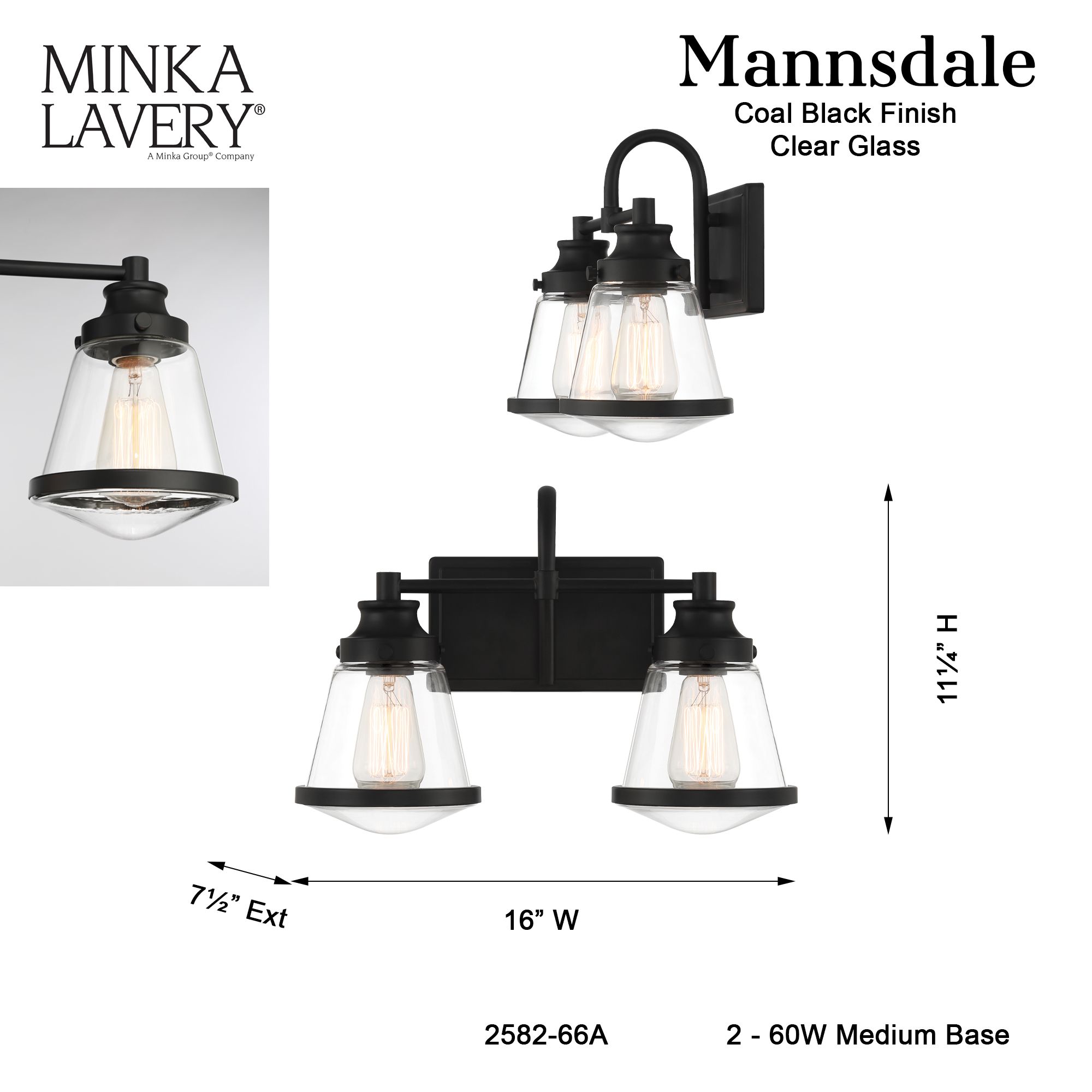 Image 6 Minka-Lavery Mannsdale 2-Light Black Vanity Light with Clear Glass Shades more views