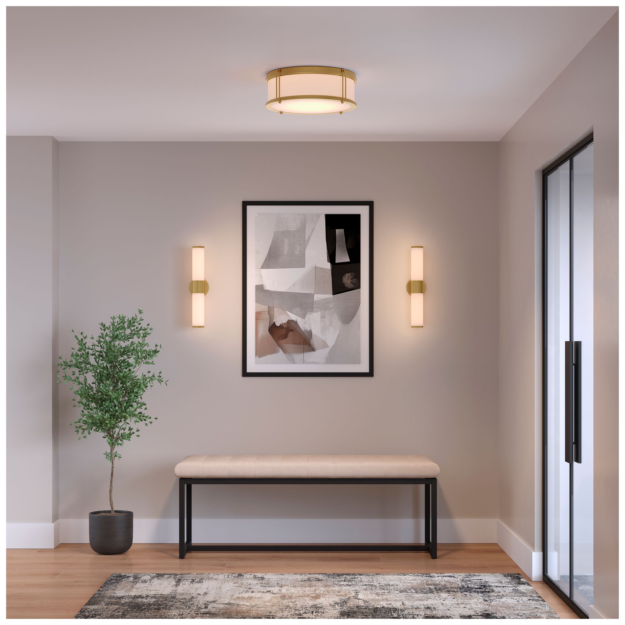 Thumbnail4 of Minka Lavery Merick LED 14.75-in Legacy Brass Flush Mount with Glass Shade more views