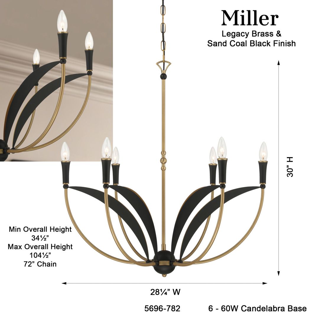 Minka-Lavery Miller 6-Light 28.25-in Brass and Black Indoor Chandelier
