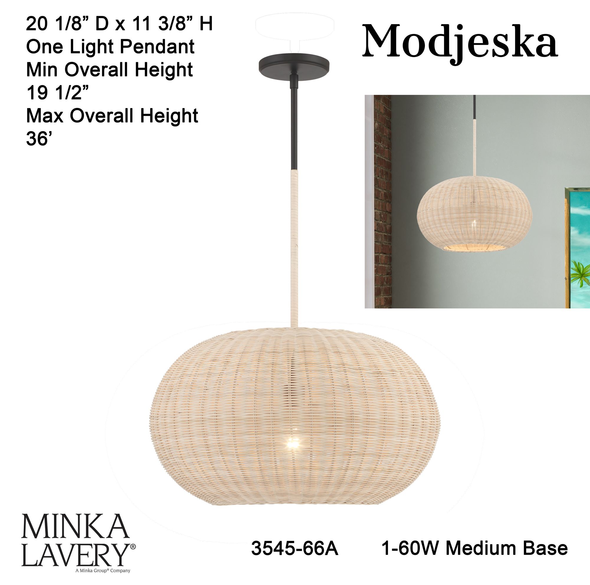 Minka-Lavery Modjeska 1-Light Coal Black Pendant with Natural Rattan Shade