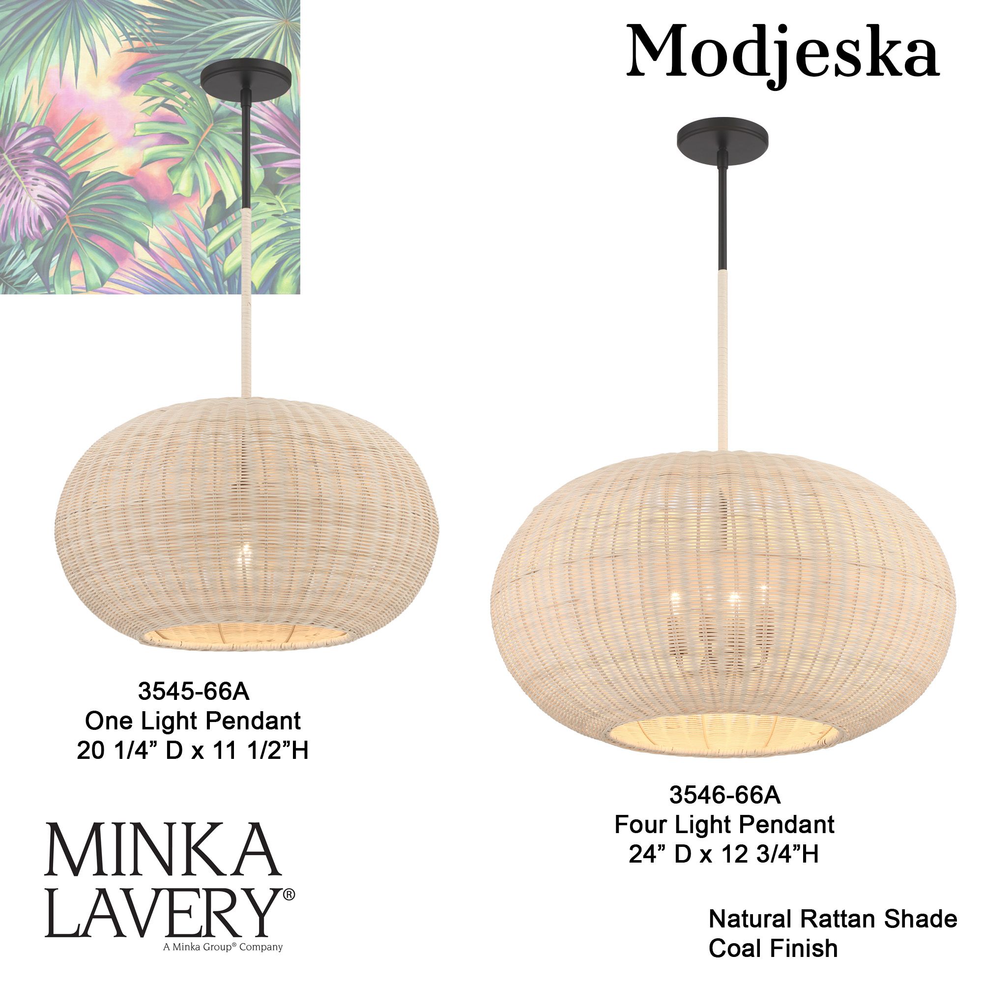 Minka-Lavery Modjeska 1-Light Coal Black Pendant with Natural Rattan Shade