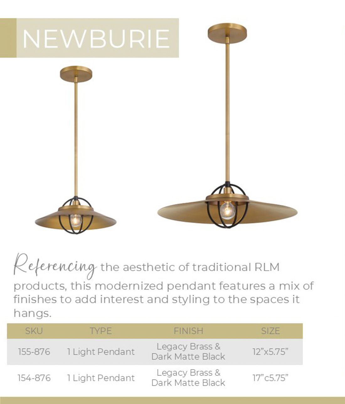 Minka-Lavery Newburie 1-Light 12-in Brass and Matte Black Indoor Pendant