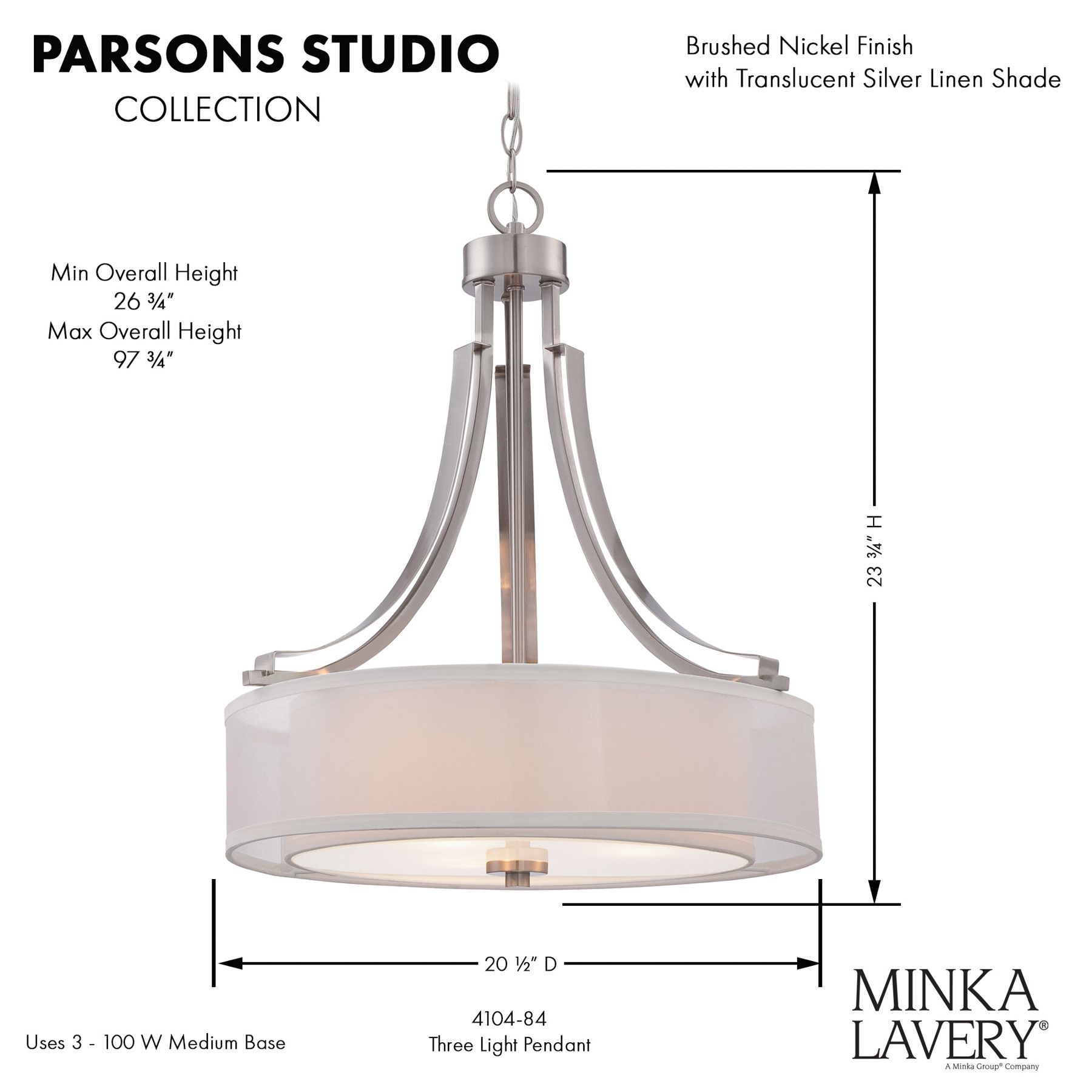Minka-Lavery Parsons Studio 3-Light Brushed Nickel Pendant in scene