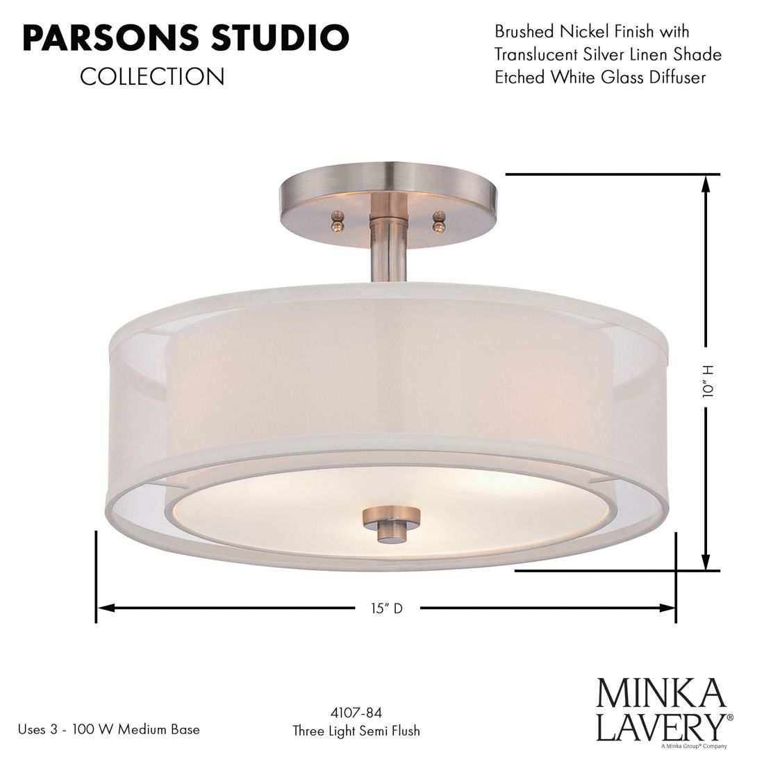 Minka-Lavery Parsons Studio 3-Light Brushed Nickel Semi Flush with Shade