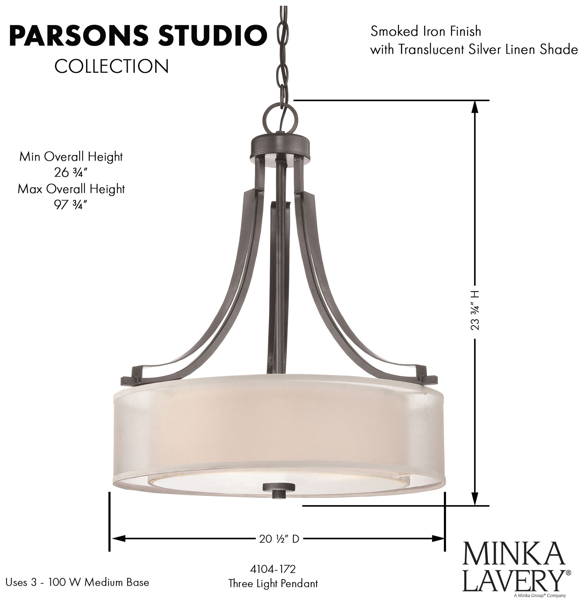 Minka-Lavery Parsons Studio 3-Light Smoked Iron Pendant with Glass Shades