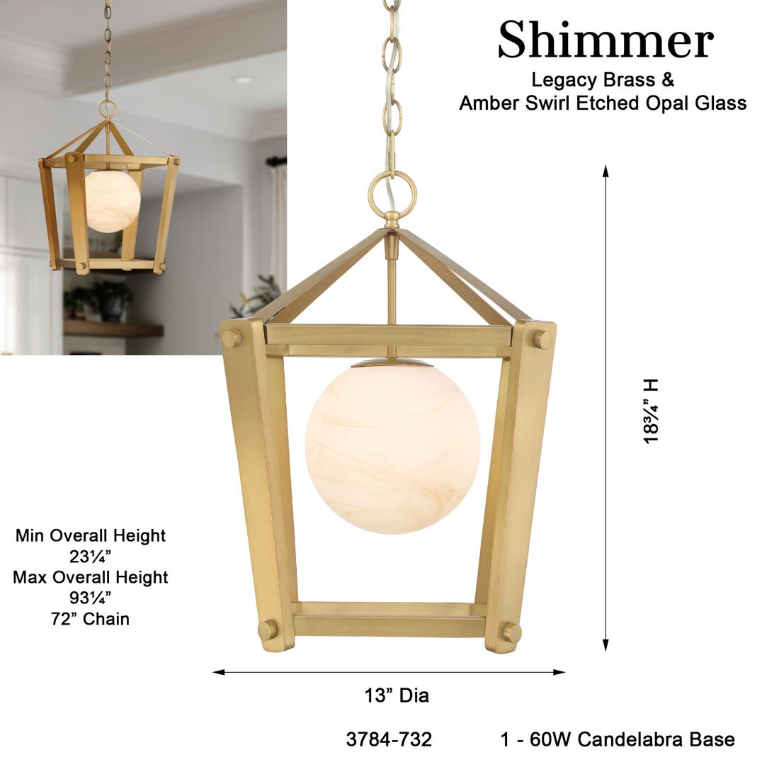 Minka-Lavery Shimmer 1-Light 13-in Legacy Brass Pendant with Glass Shade