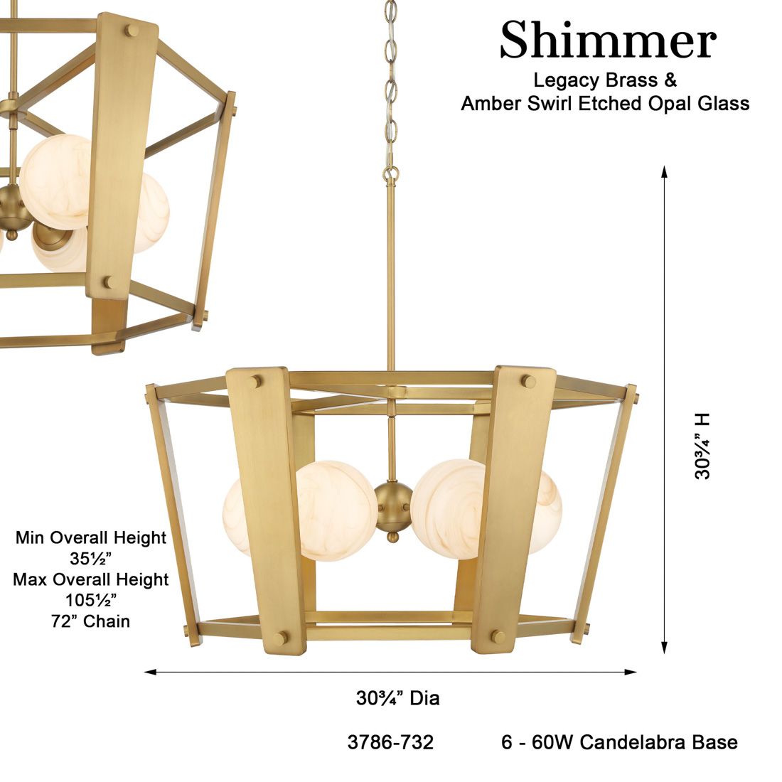 Minka-Lavery Shimmer 6-Light 30.75-in Legacy Brass Pendant with Glass Shade