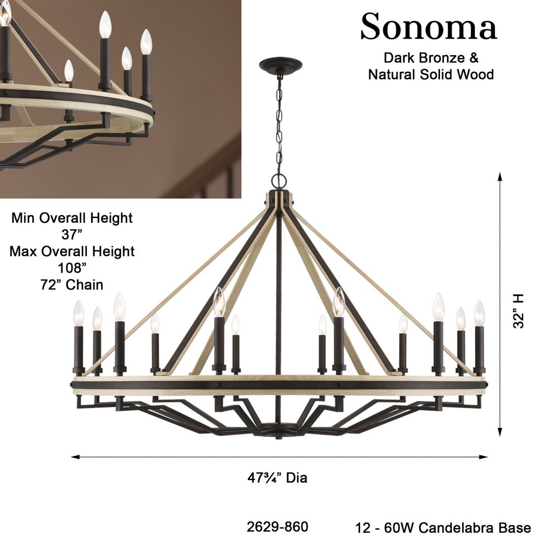 Minka-Lavery Sonoma 12-Lt 47.75-in Dark Bronze and Natural Wood Chandelier