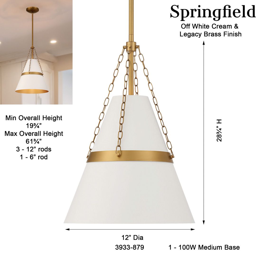 Minka Lavery Springfield 1-Light 12-in Brass and Cream Pending Lighting