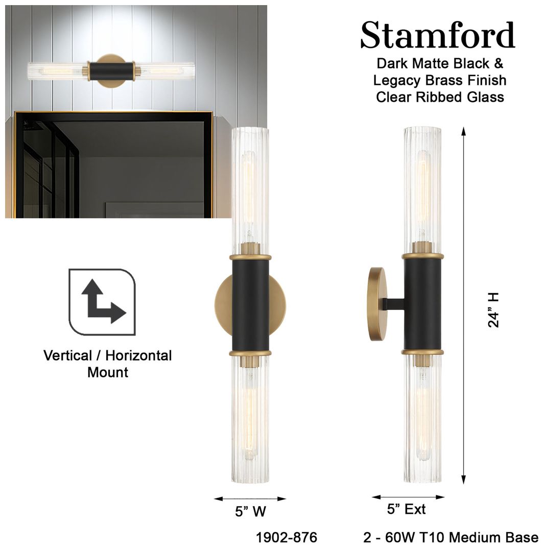 Minka-Lavery Stamford 2-Light Black and Legacy Brass Wall Sconce with Shade