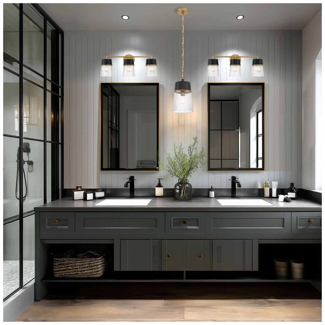 Image 3 Minka-Lavery Stamford 3-Light Black n Legacy Brass Vanity Light with Shade more views