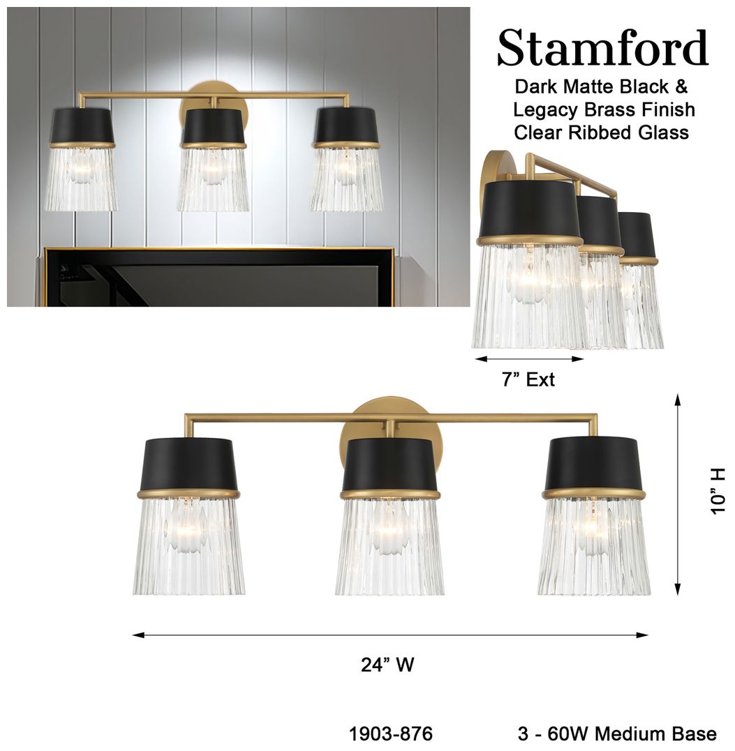 Minka-Lavery Stamford 3-Light Black n Legacy Brass Vanity Light with Shade
