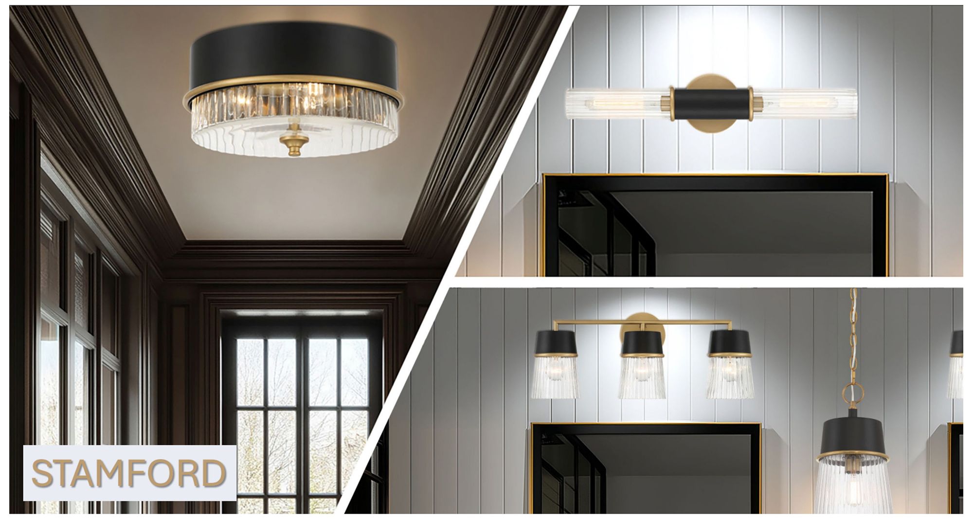 Minka-Lavery Stamford 3-Light Black n Legacy Brass Vanity Light with Shade