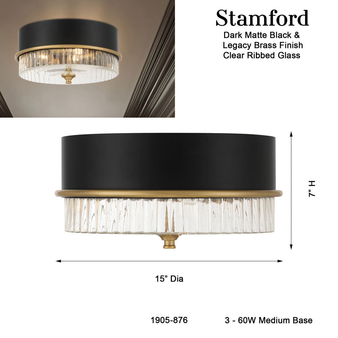 Minka-Lavery Stamford 3-Lt Black and Legacy Brass Flush Mount with Shade