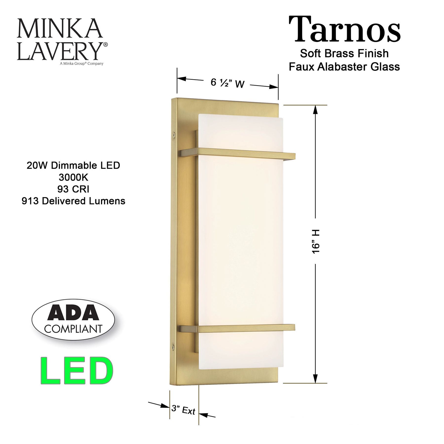 Minka Lavery Tarnos LED 16-in Soft Brass Wall Sconce with Alabaster Shade