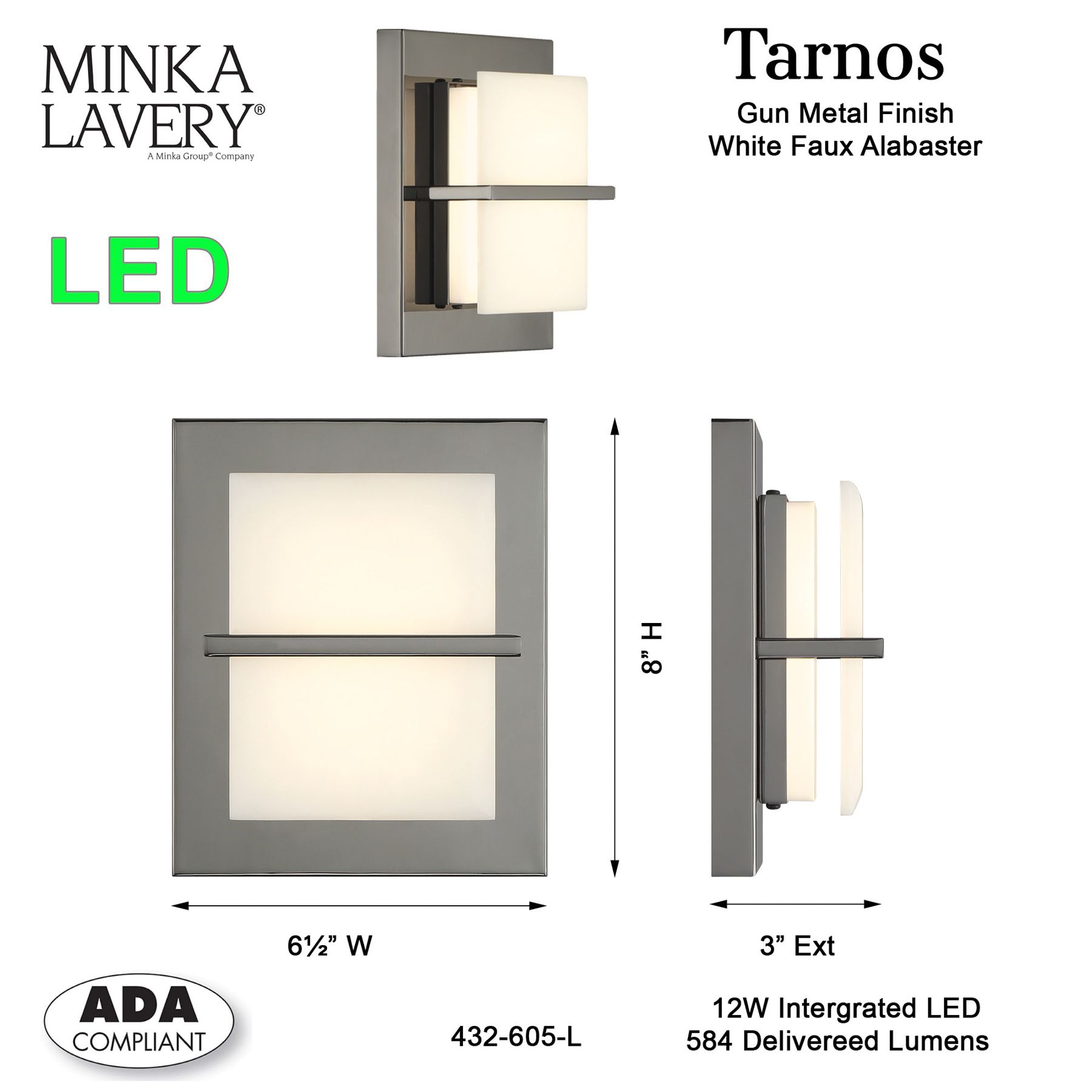 Minka Lavery Tarnos LED 8-in Gun Metal Wall Sconce with Alabaster Shade
