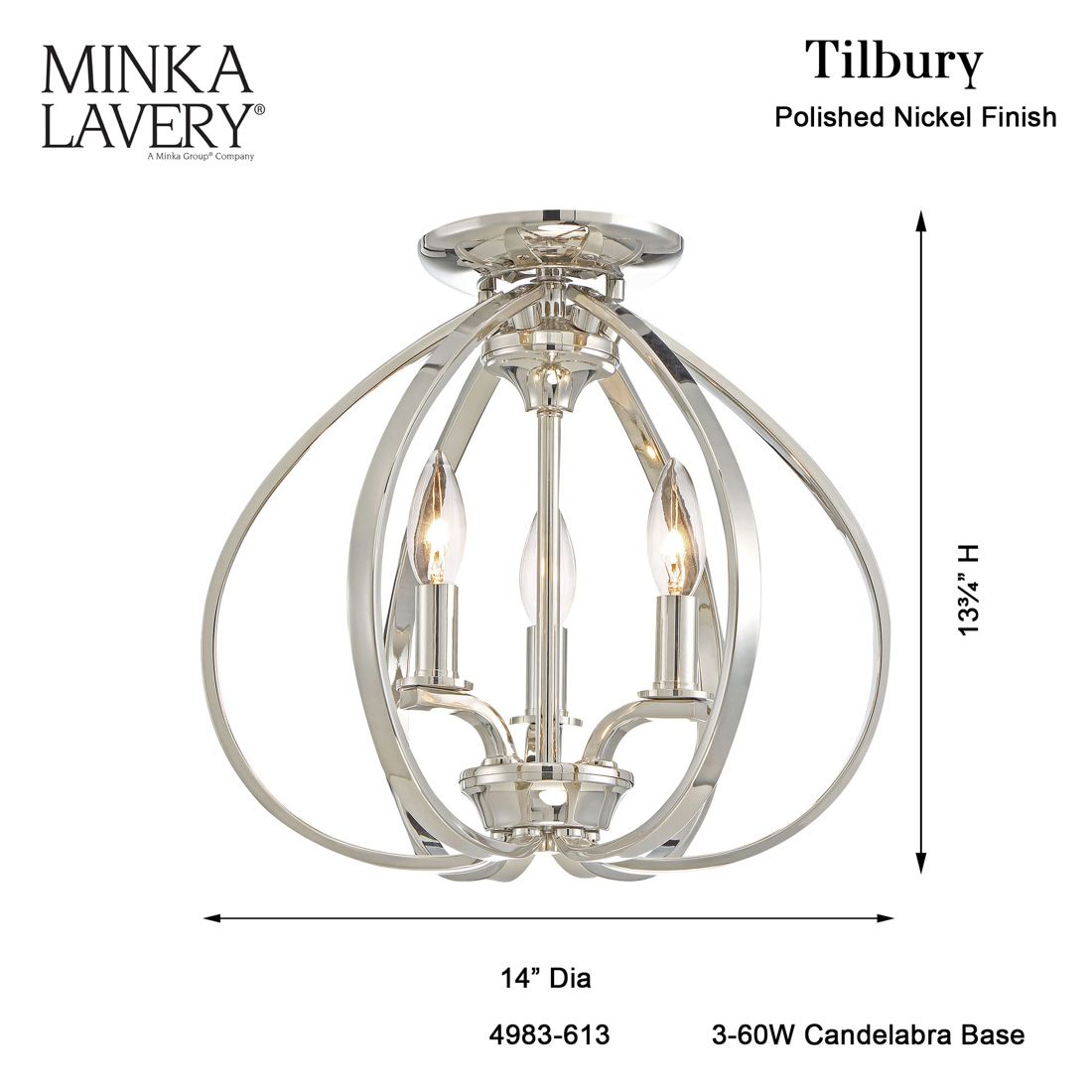 Minka-Lavery Tilbury 3-Light 14-in Polished Nickel Semi Flush