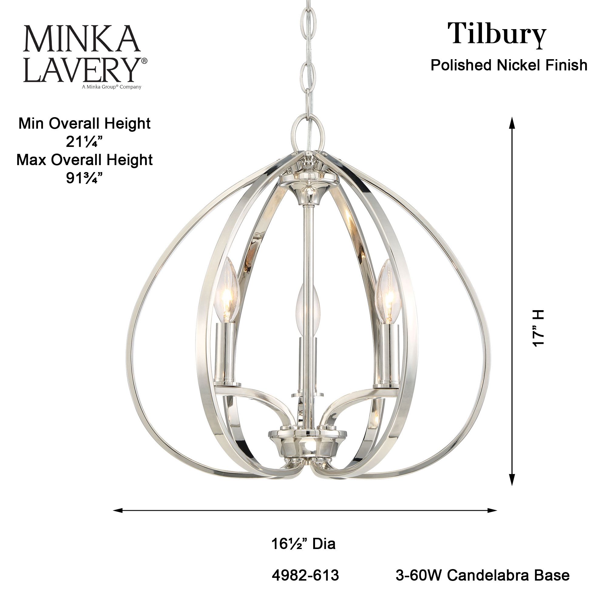 Minka-Lavery Tilbury 3-Light 16.5-in Polished Nickel Pendant