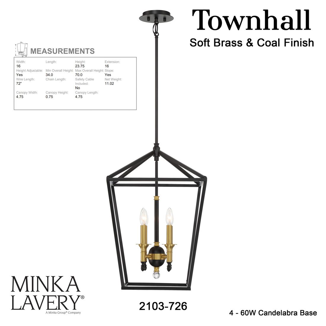 Minka Lavery Townhall 16" Wide 4-Light Coal and Soft Brass Pendant