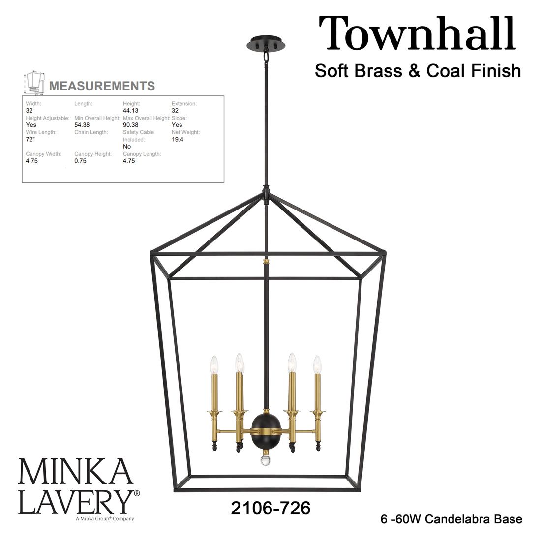 Minka Lavery Townhall 6-Light Coal and Soft Brass Pendant