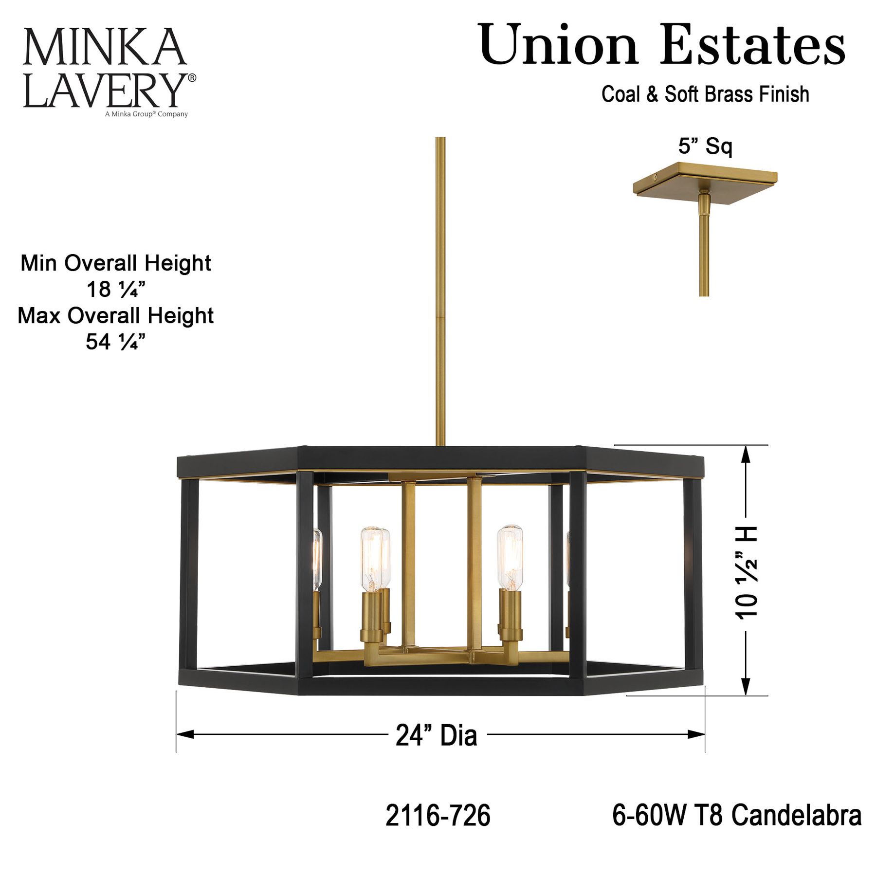 Minka-Lavery Union Estates 6-Light Coal Black and Soft Brass Pendant